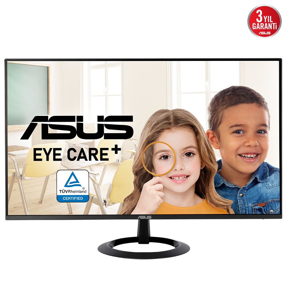 27-Zoll-Monitor mit Kinderbild, ASUS, Augenschutz, TÜV und Text.