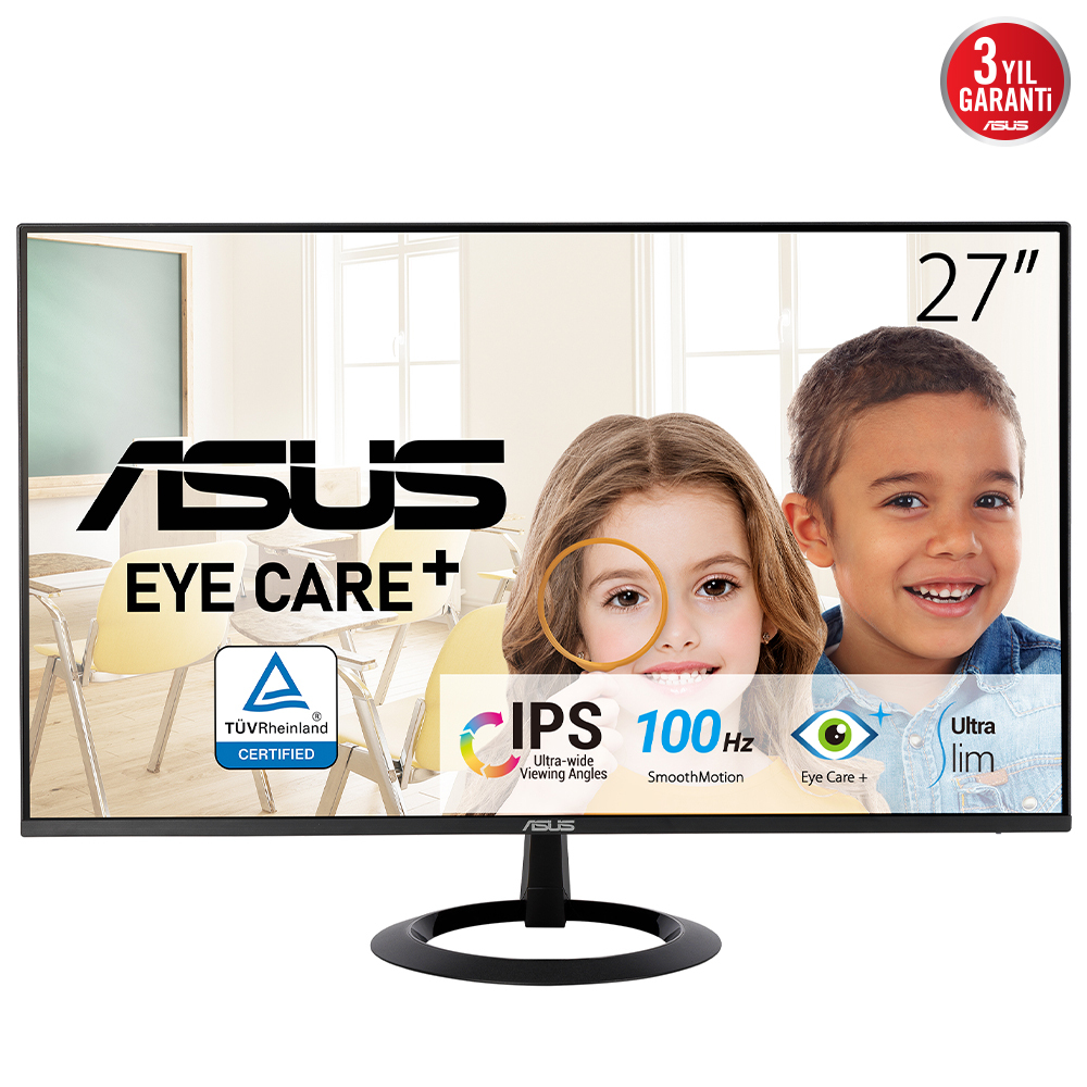 Ein Monitor, der zwei Kinder mit Text zeigt.