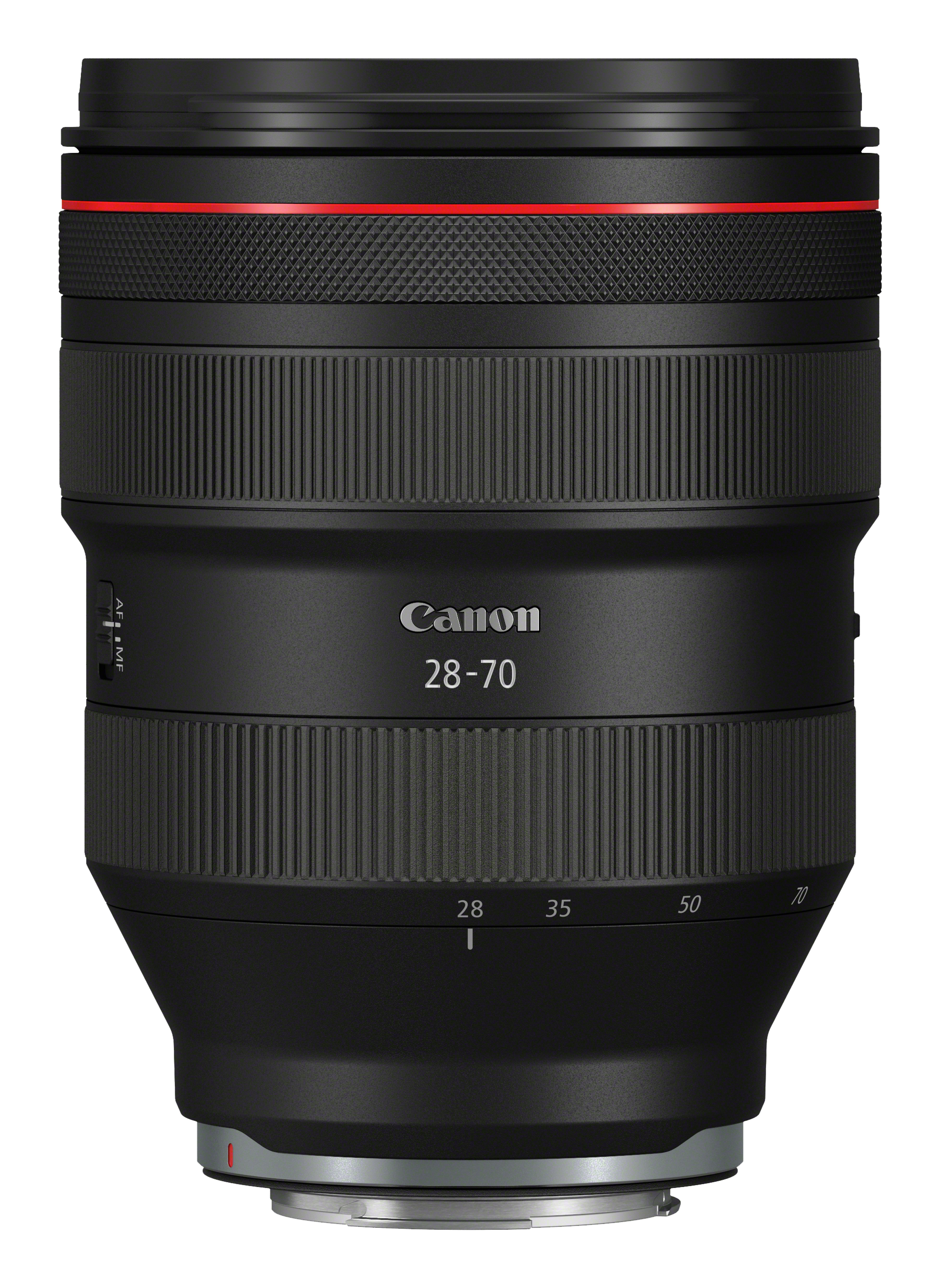 Schwarzes Canon-Objektiv mit rotem Ring. Markenname und Modell sichtbar.