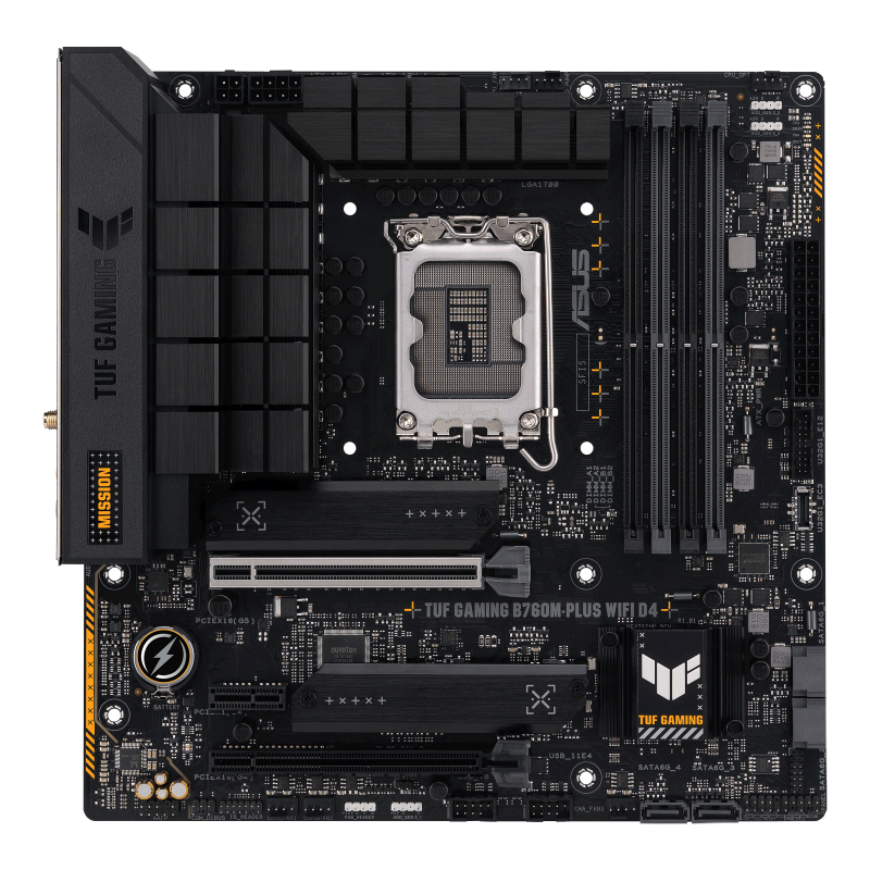 Schwarzes Motherboard mit goldenen Akzenten und TUF GAMING Logo, CPU-Sockel sichtbar.