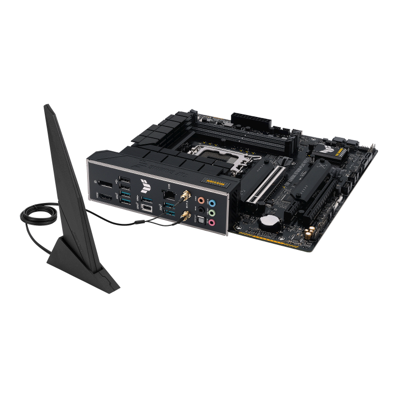Schwarzes ASUS TUF Gaming Motherboard mit Antenne und Anschlüssen.