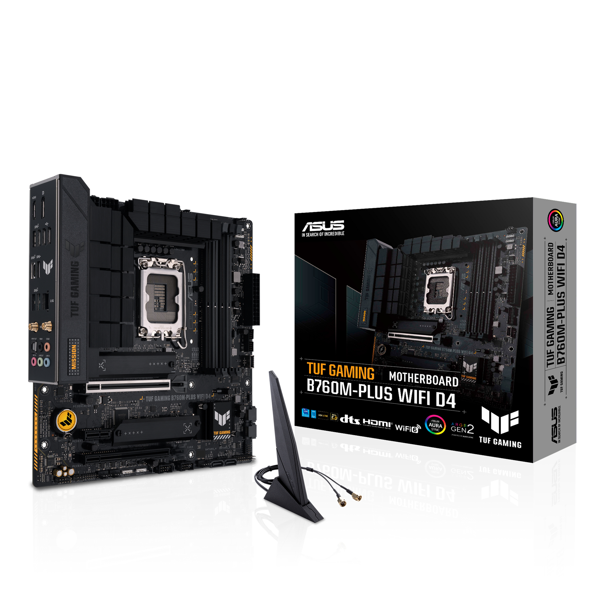 Motherboard und Box, inklusive Antenne und Kabel. Weißer Hintergrund.