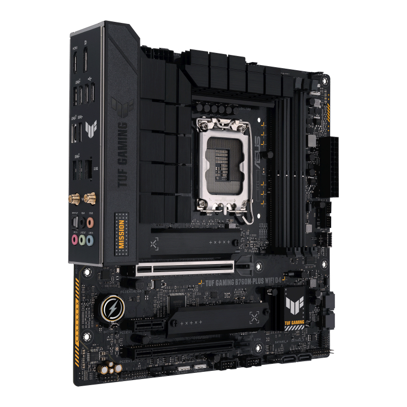 Schwarzes und goldenes Computer-Motherboard mit verschiedenen Anschlüssen und Komponenten.