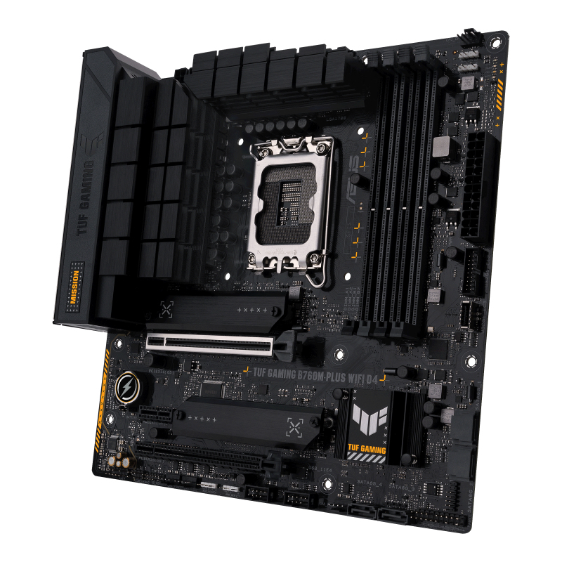 Schwarzes ASUS TUF Gaming B760M-PLUS WIFI D4 Motherboard mit verschiedenen Komponenten, einschließlich CPU-Sockel und RAM-Steckplätzen.