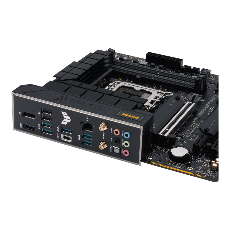 Rückseite des Motherboards mit Anschlüssen, schwarz mit Gold- und Weißakzenten.