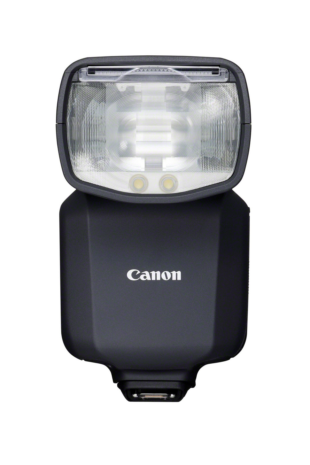 Schwarzer Canon-Blitz. Vorderansicht, oberes Lichtfeld. Weißer Hintergrund.