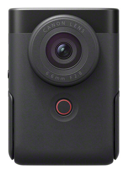 Schwarze Canon-Kamera mit Objektiv. Roter Knopf. Canon Lens Text auf dem Objektiv.