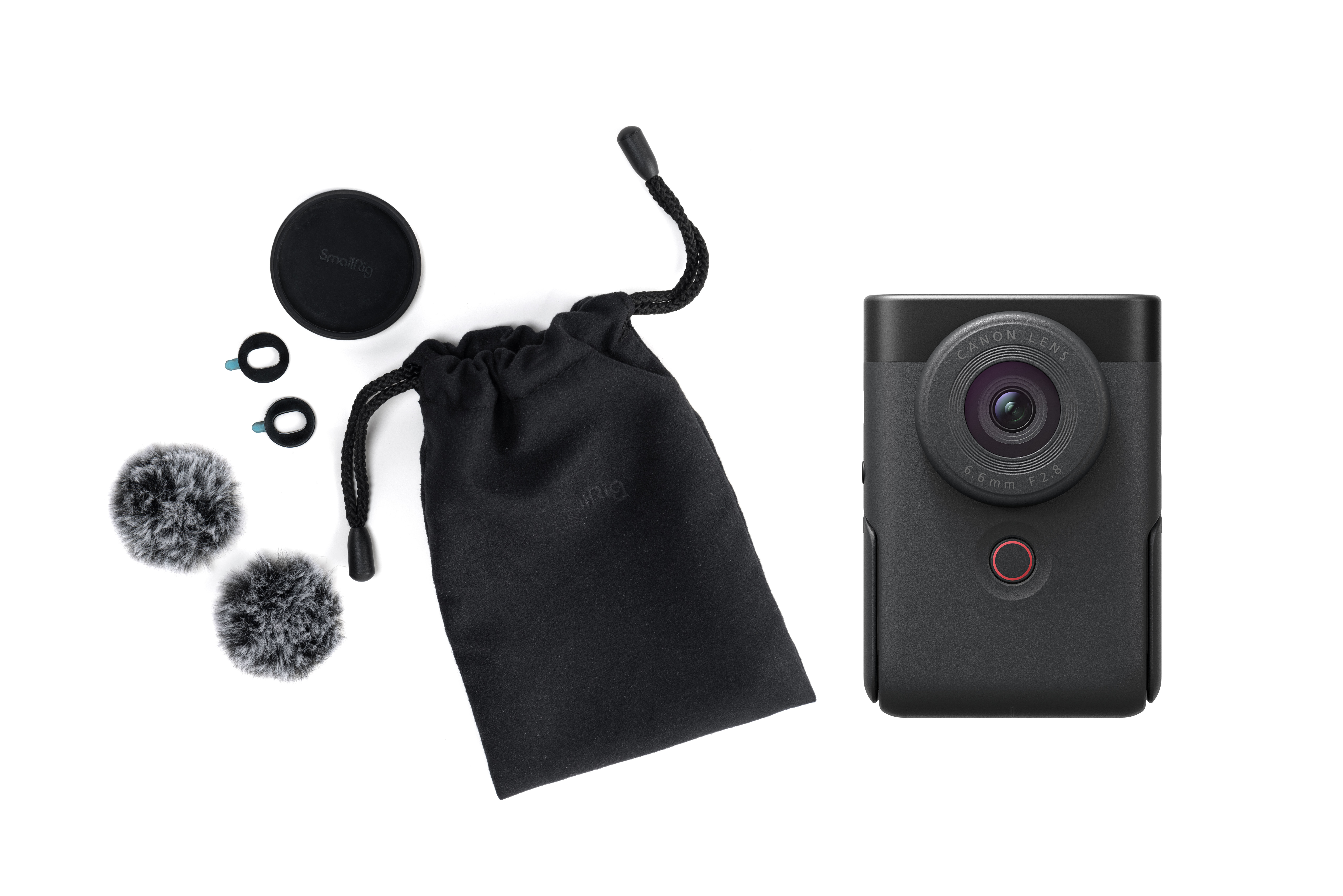 Canon Videokamera, schwarz, Schrägansicht, Bildschirm offen.