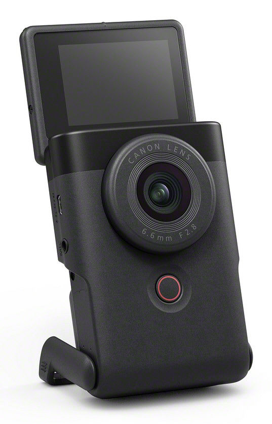 Canon Videokamera, schwarz, Schrägansicht, Bildschirm offen, mit Ständer.