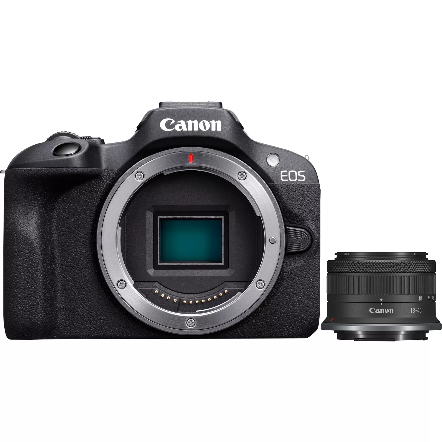 Schwarze Canon EOS-Kamera mit angesetztem Objektiv. Objektiv rechts.