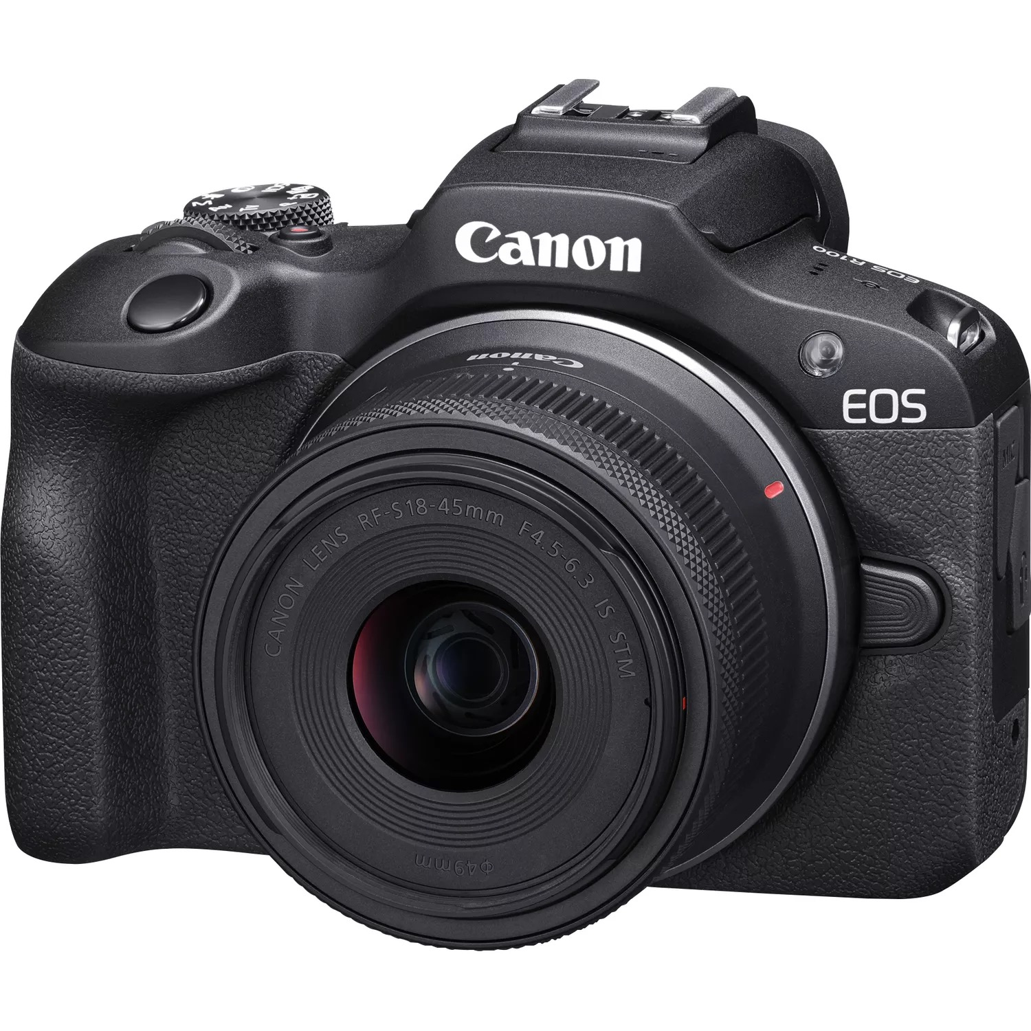 Schwarze Canon EOS Kamera mit Objektiv auf weißem Hintergrund.