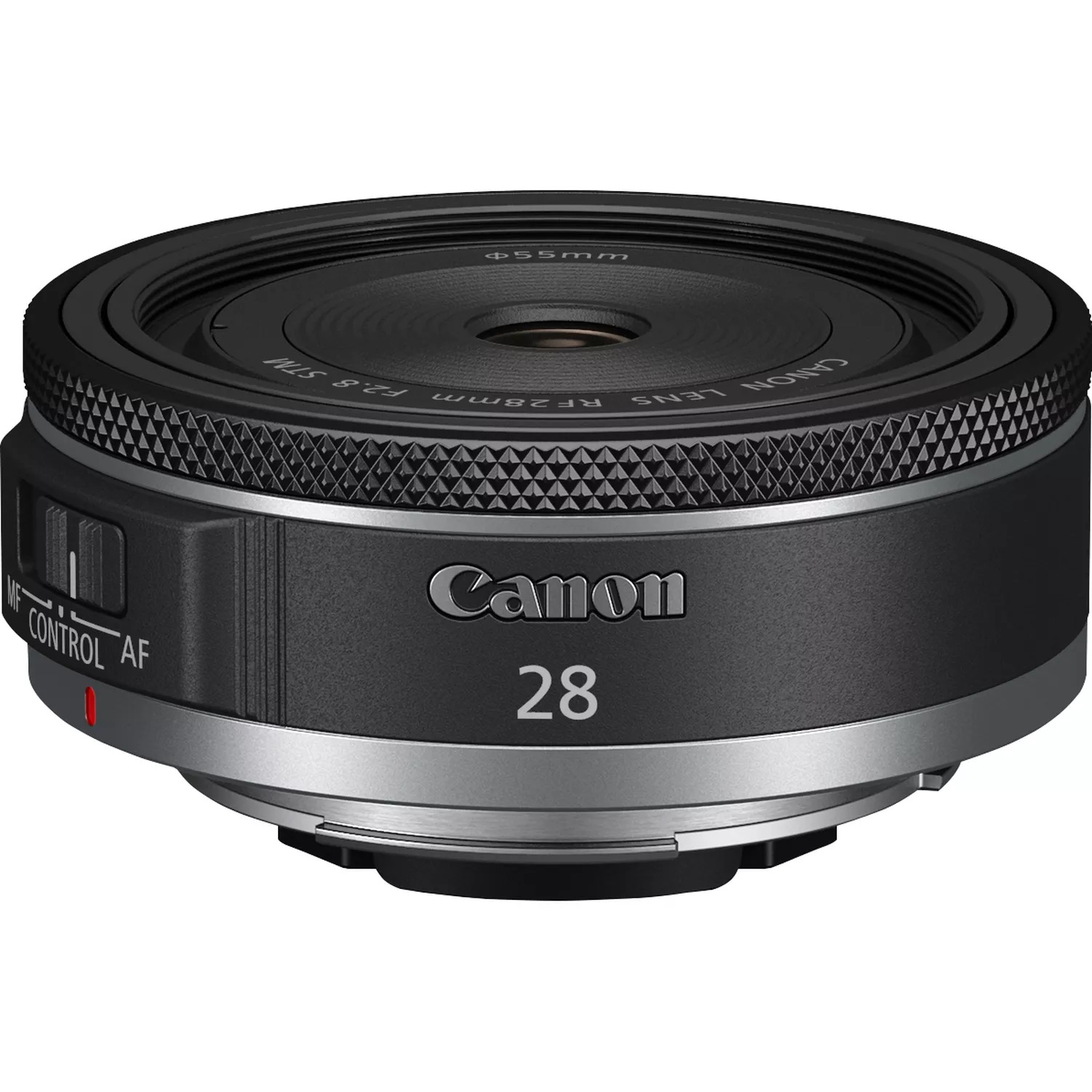 Canon-Objektiv mit Steuerring und Canon 28-Etikett.