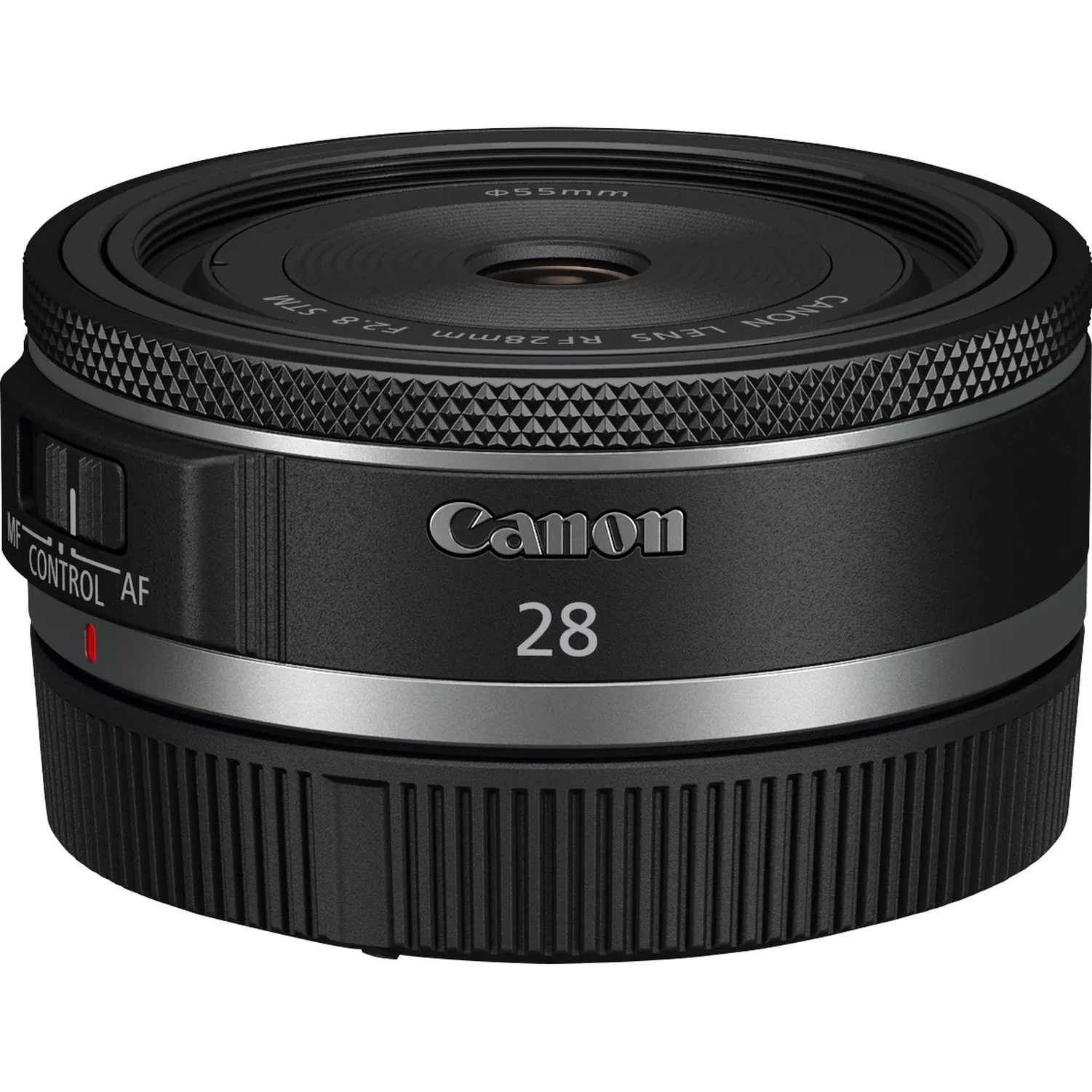 Canon 28mm Kameraobjektiv, schwarz, mit silbernem Ring und MF/AF-Einstellungen.