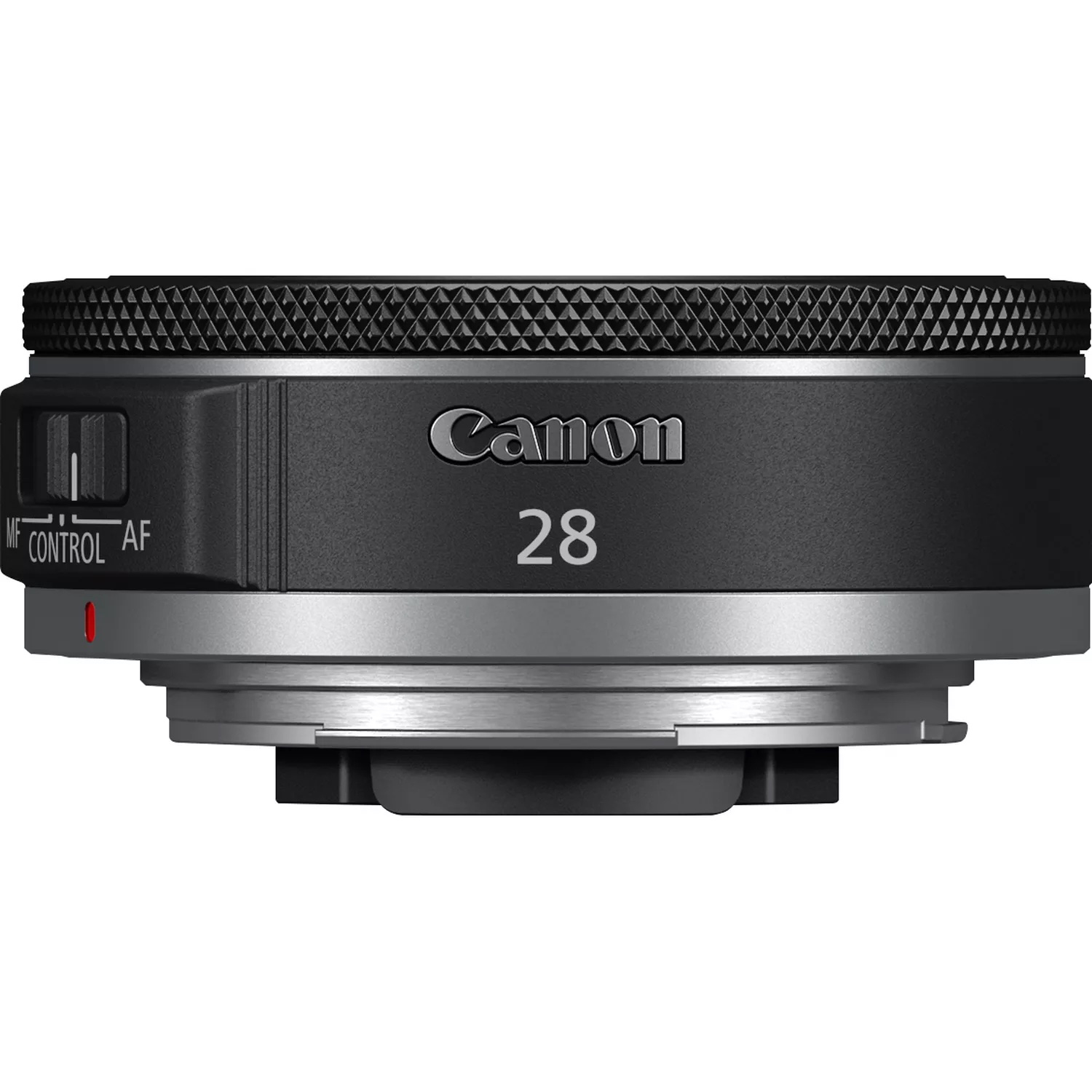 Seitenansicht eines Canon 28mm Objektivs, schwarz, mit silbernem Ring und Einstellungen.