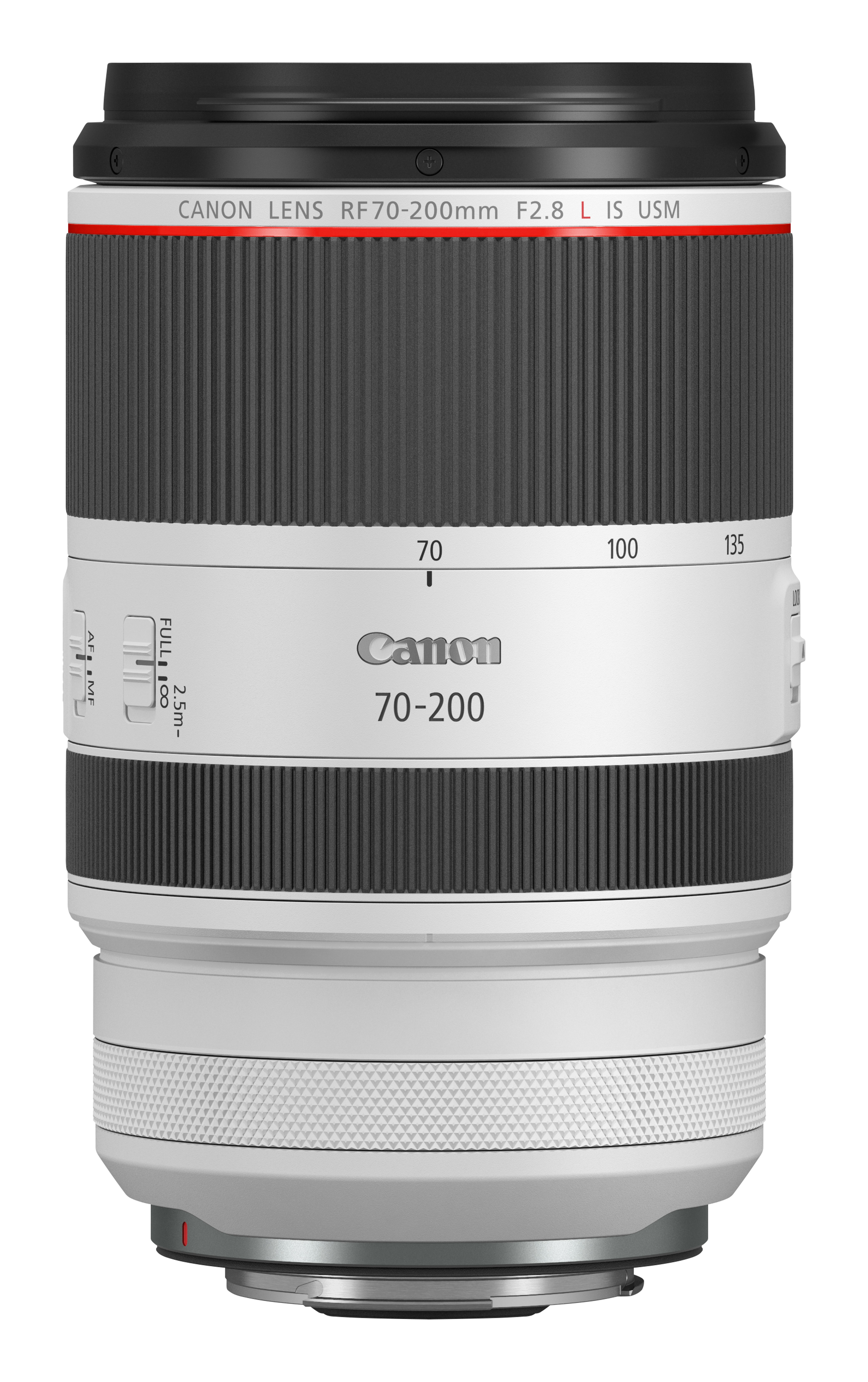 Canon RF 70-200mm Objektiv, schwarz-weiß mit roten Akzenten.