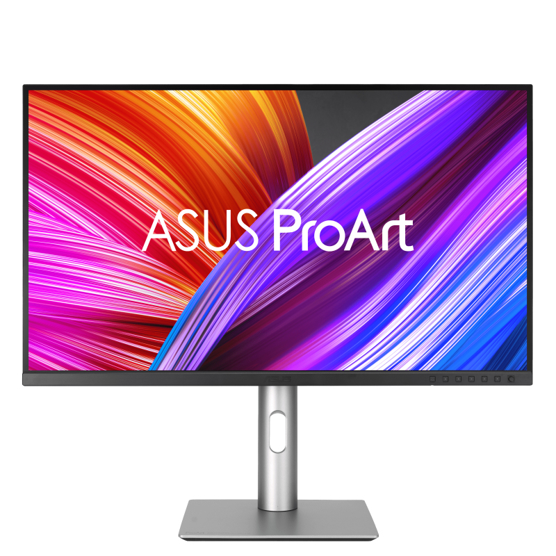 Vorderansicht des ASUS ProArt Monitors. Zeigt farbenfrohe abstrakte Kunst. Silberner Ständer mit quadratischer Basis.