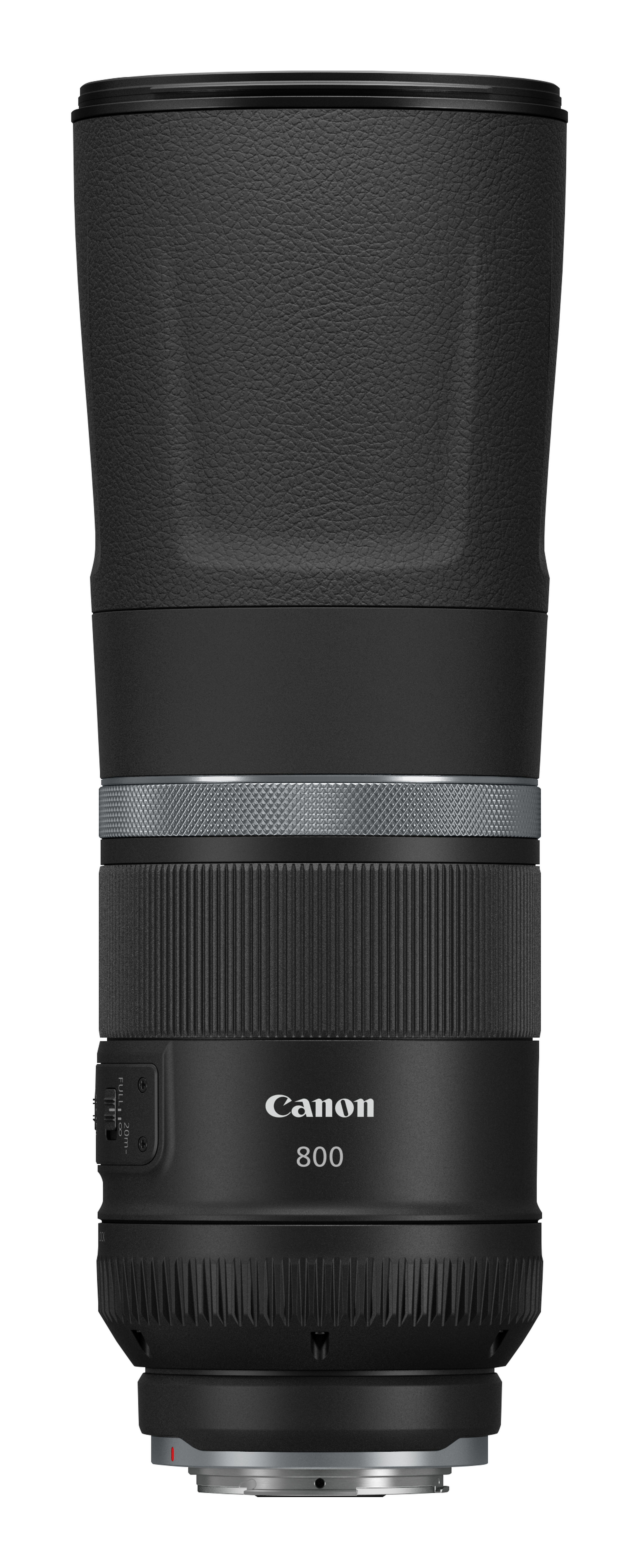 Schwarzes Canon 800mm Objektiv. Zylindrisches Design mit silbernem Ring und detaillierten Markierungen. Weißer Hintergrund.