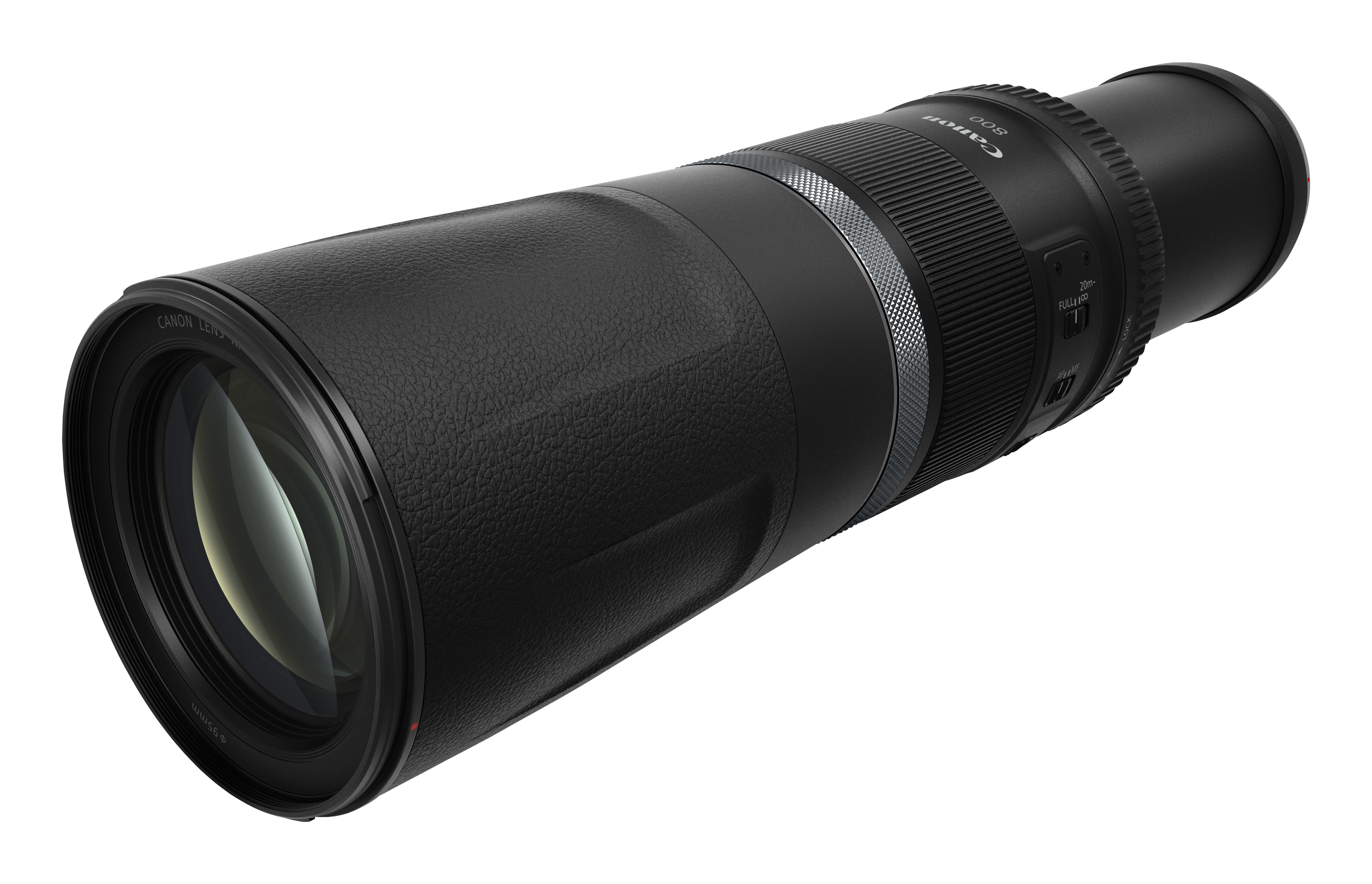 Canon 800mm Objektiv, schwarz mit weißem Text. Großes, langes Objektiv für Fotografie.