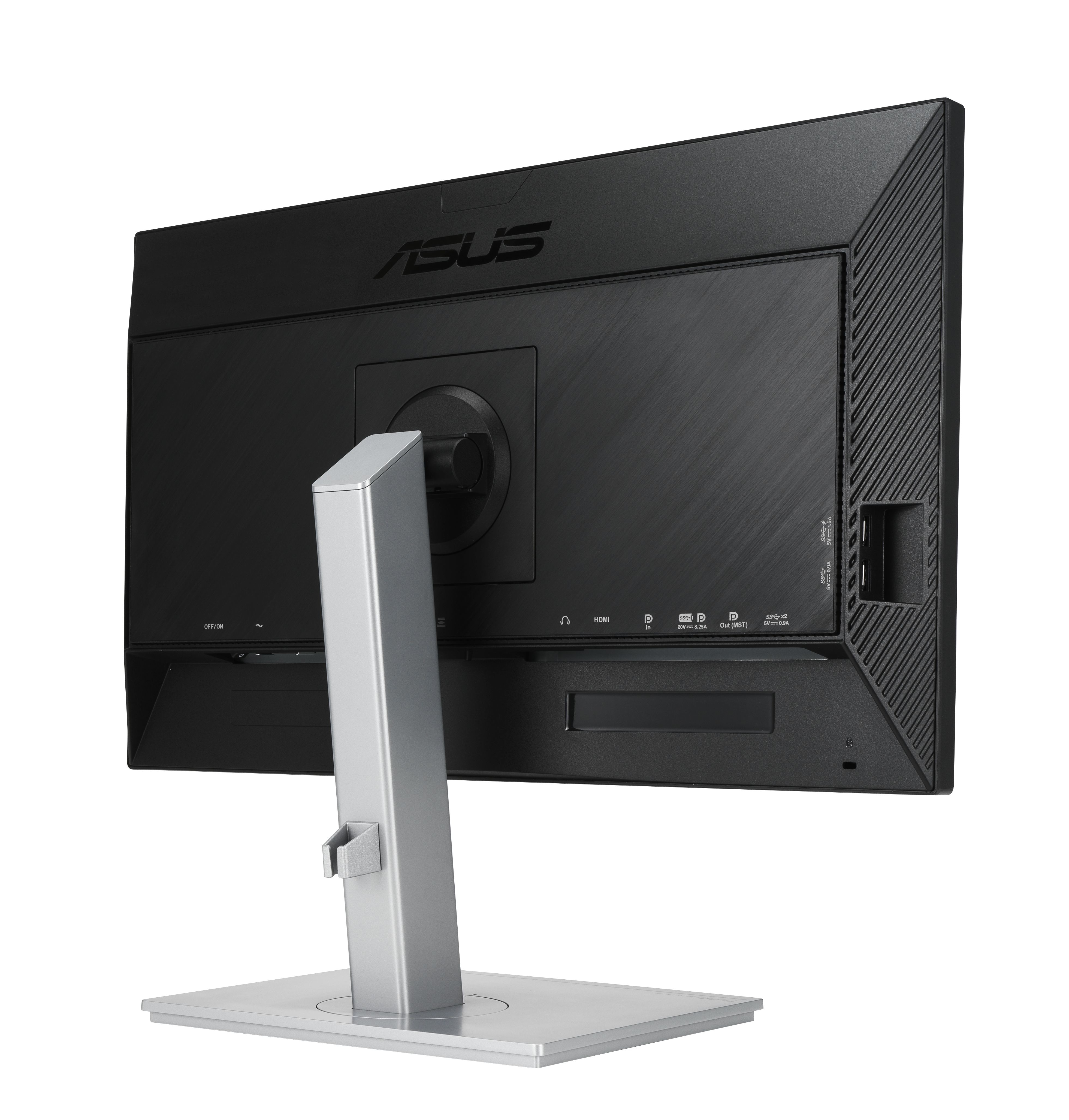 Rückansicht eines schwarzen Computermonitors mit ASUS-Logo. Silberner Ständer.