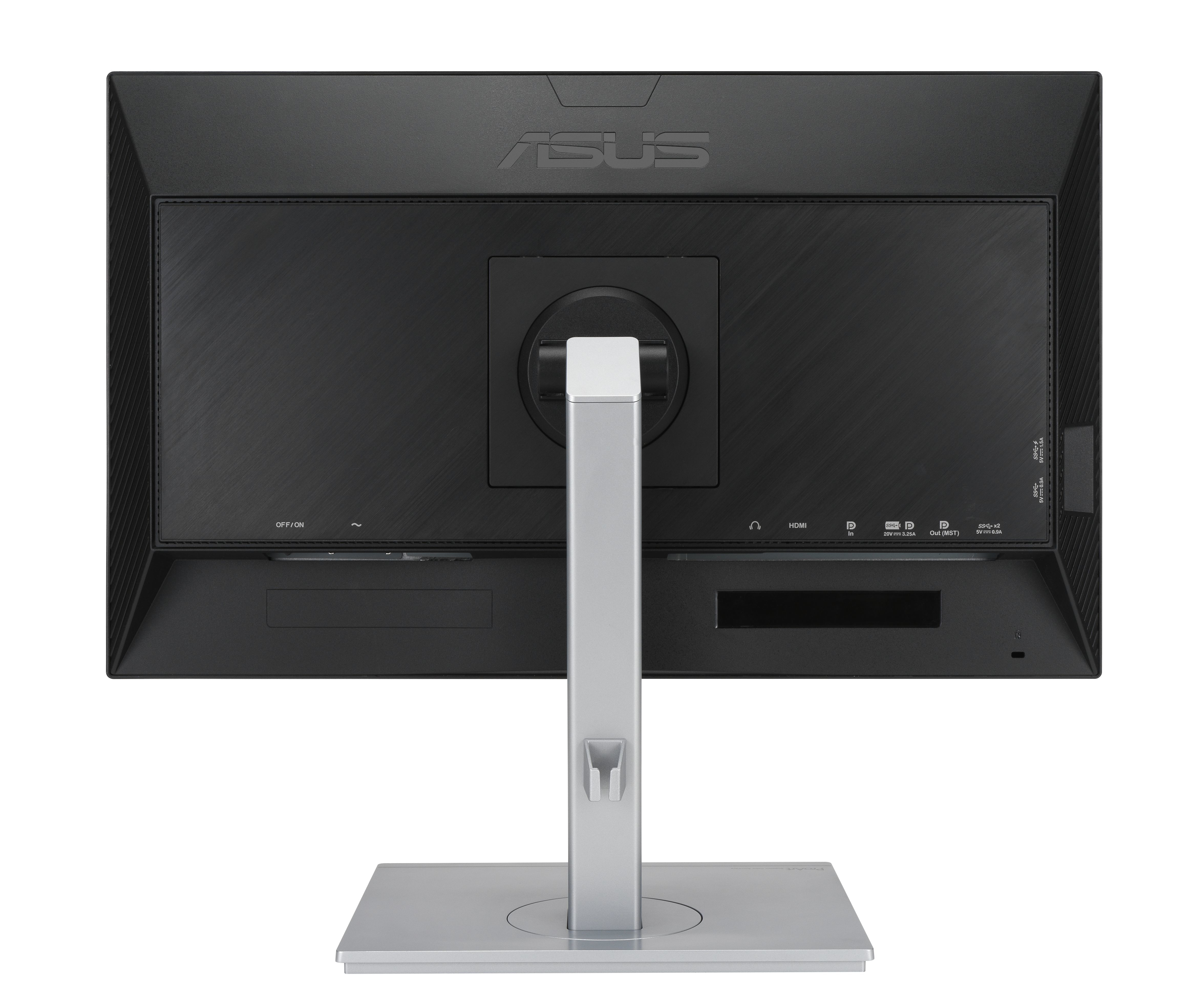 Rückansicht eines schwarzen Monitors mit Ständer. ASUS-Logo oben. Weißer Hintergrund.