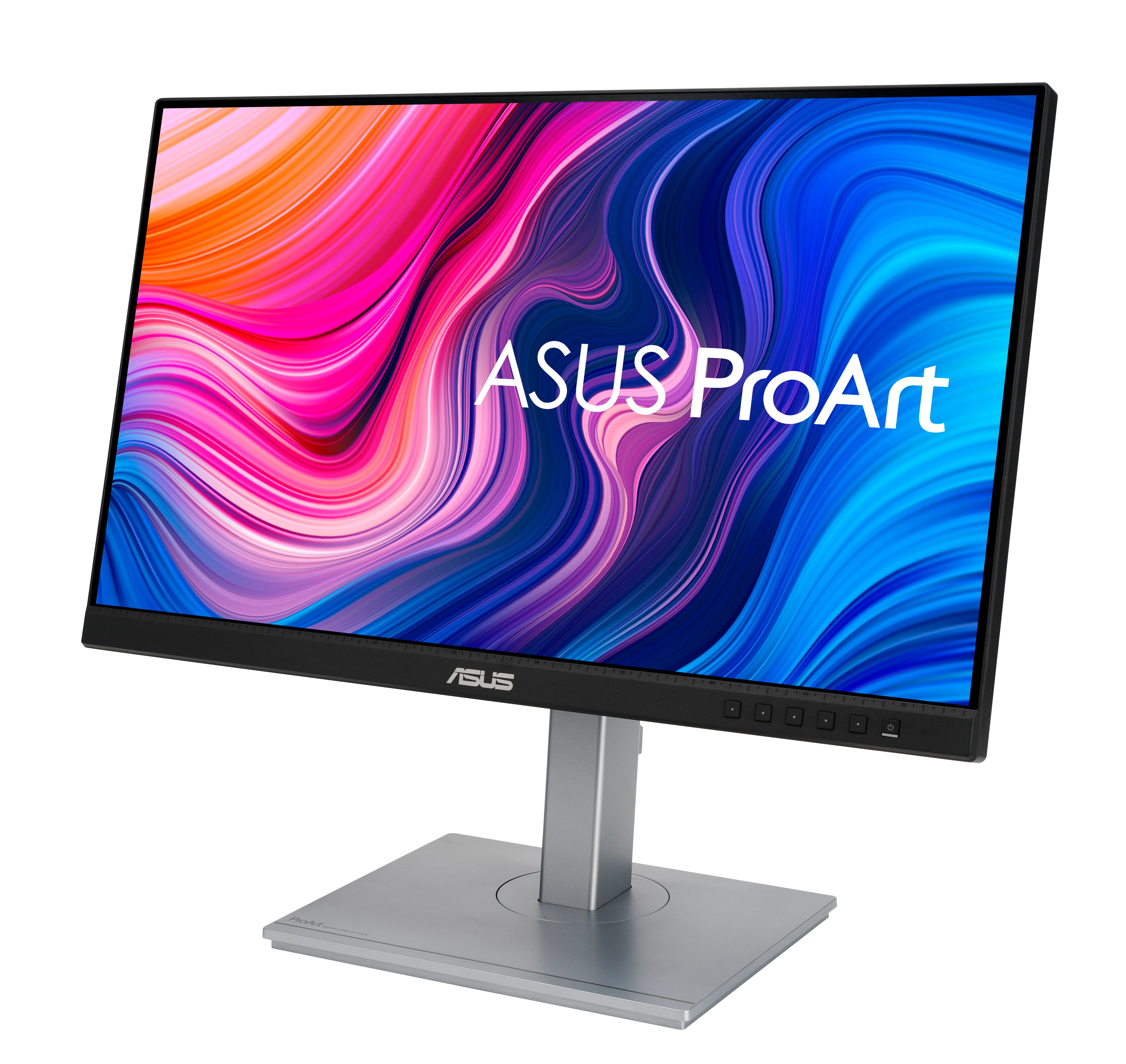 Ein ASUS ProArt-Monitor. Das Display zeigt bunte Kunst. Silberner Ständer. Weißer Hintergrund.