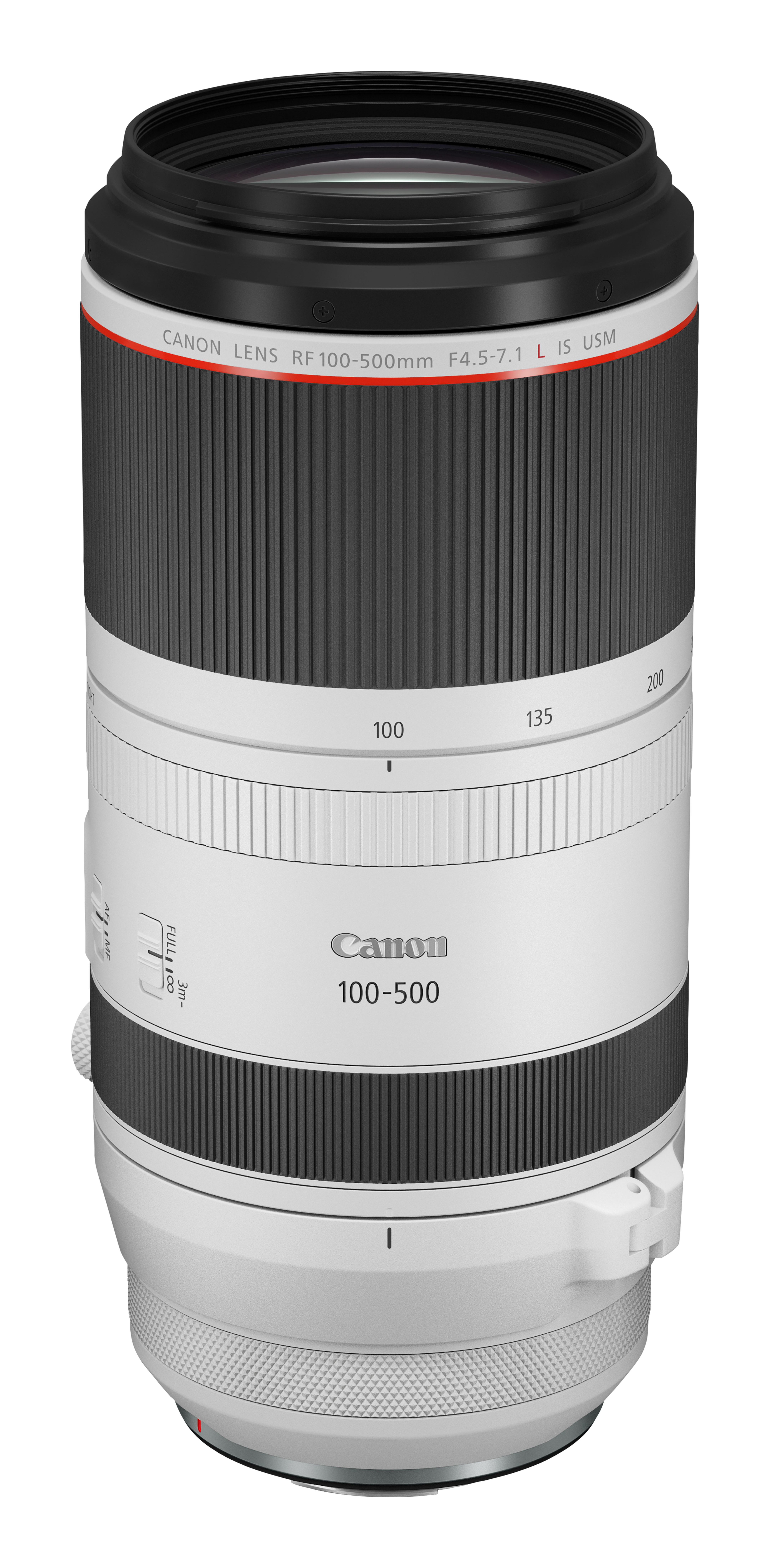 Weißes und schwarzes Canon-Objektiv mit weißer Streulichtblende.