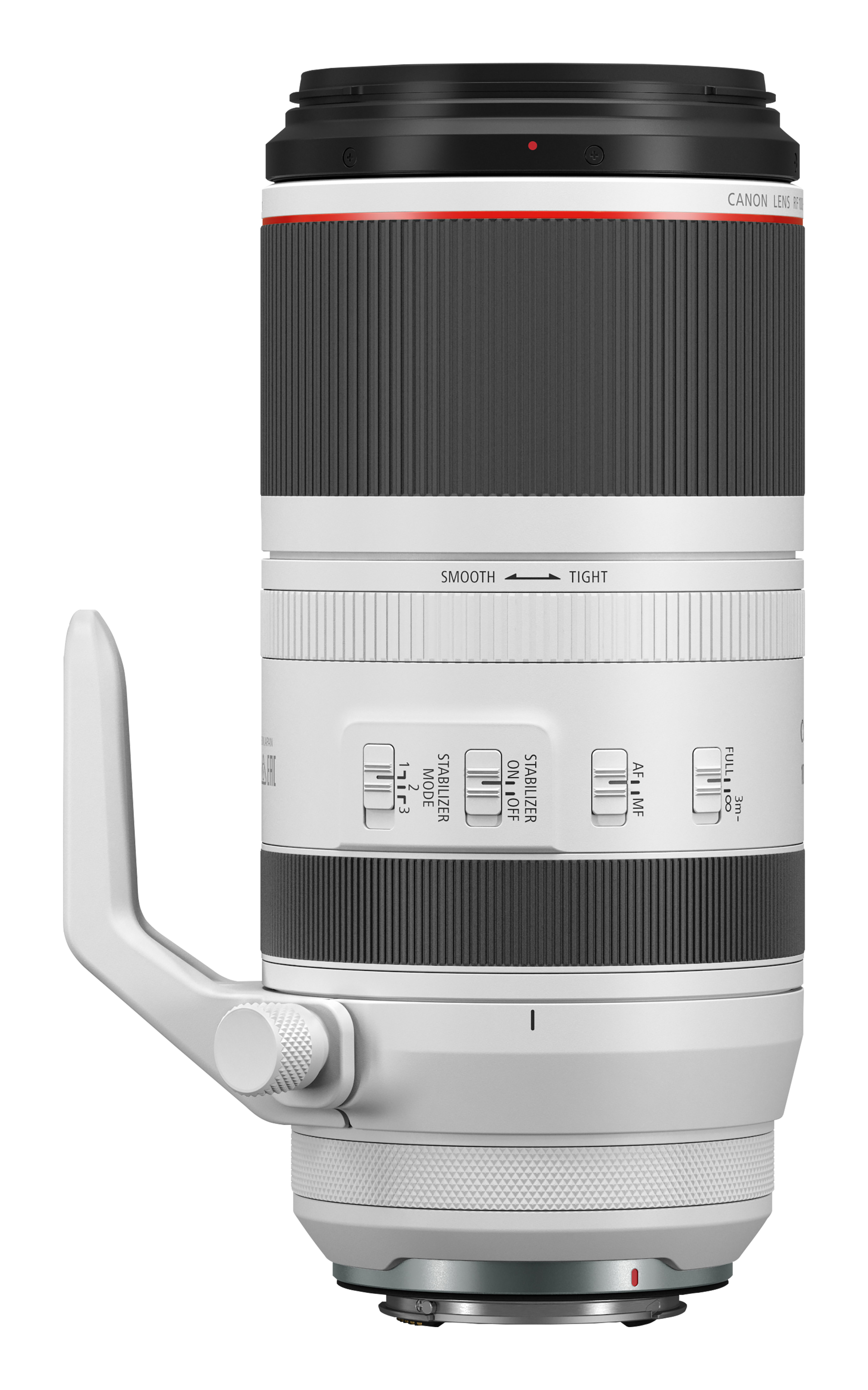 Ein weißes und schwarzes Canon-Objektiv mit weißem Griff. Weißer Hintergrund.
