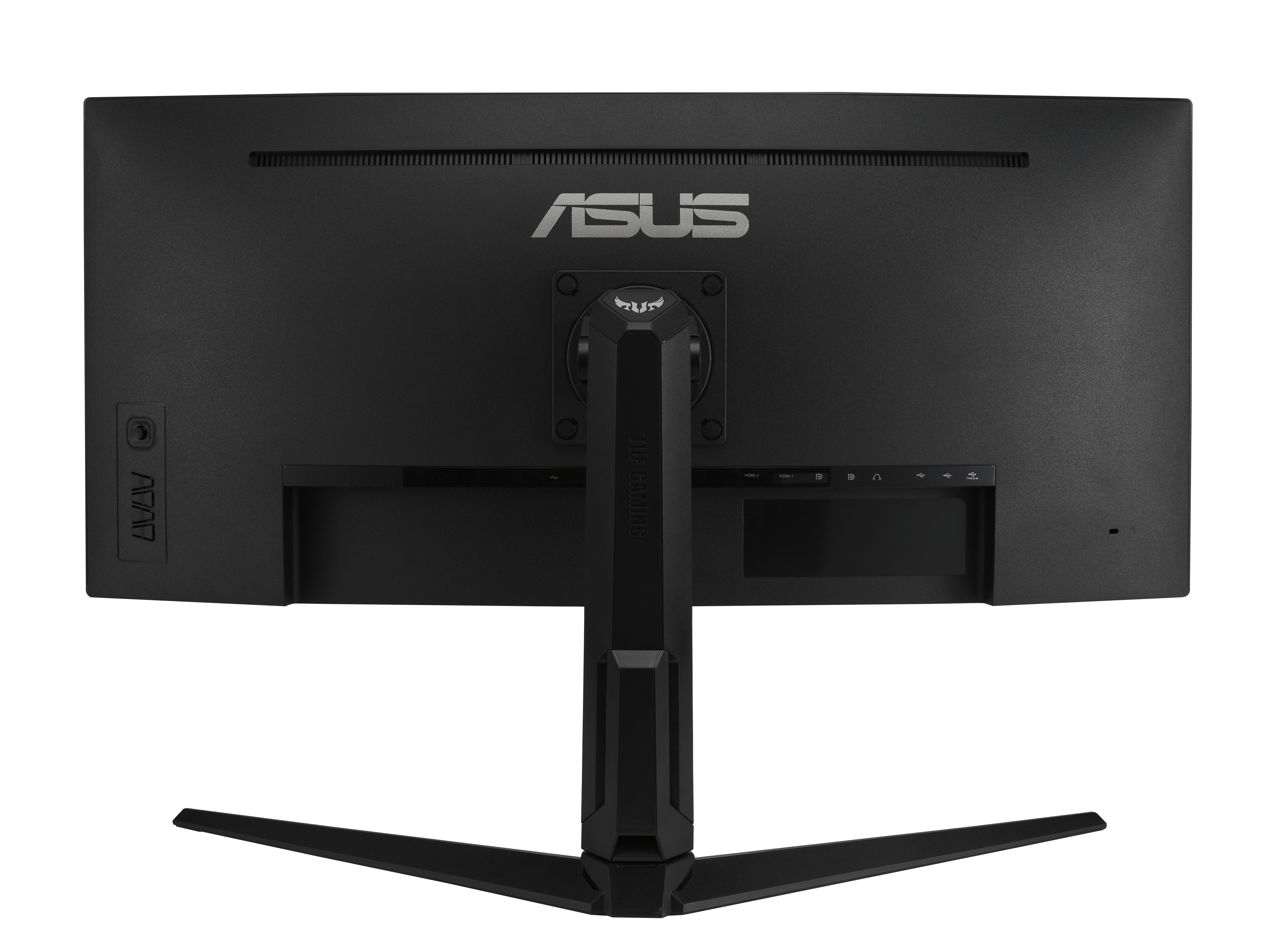 Rückseite eines schwarzen ASUS-Monitors mit Ständer und Logo.