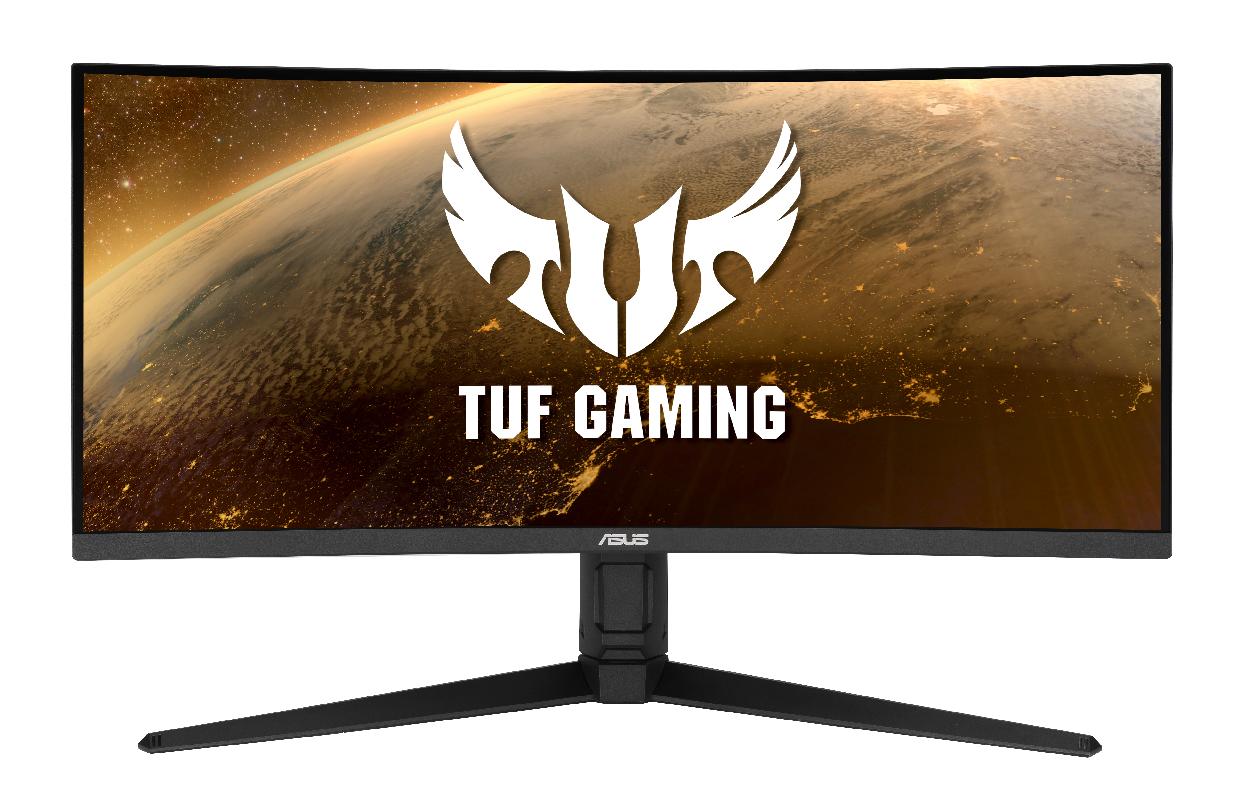 Gebogener schwarzer Computermonitor mit TUF GAMING-Logo auf weißem Hintergrund.