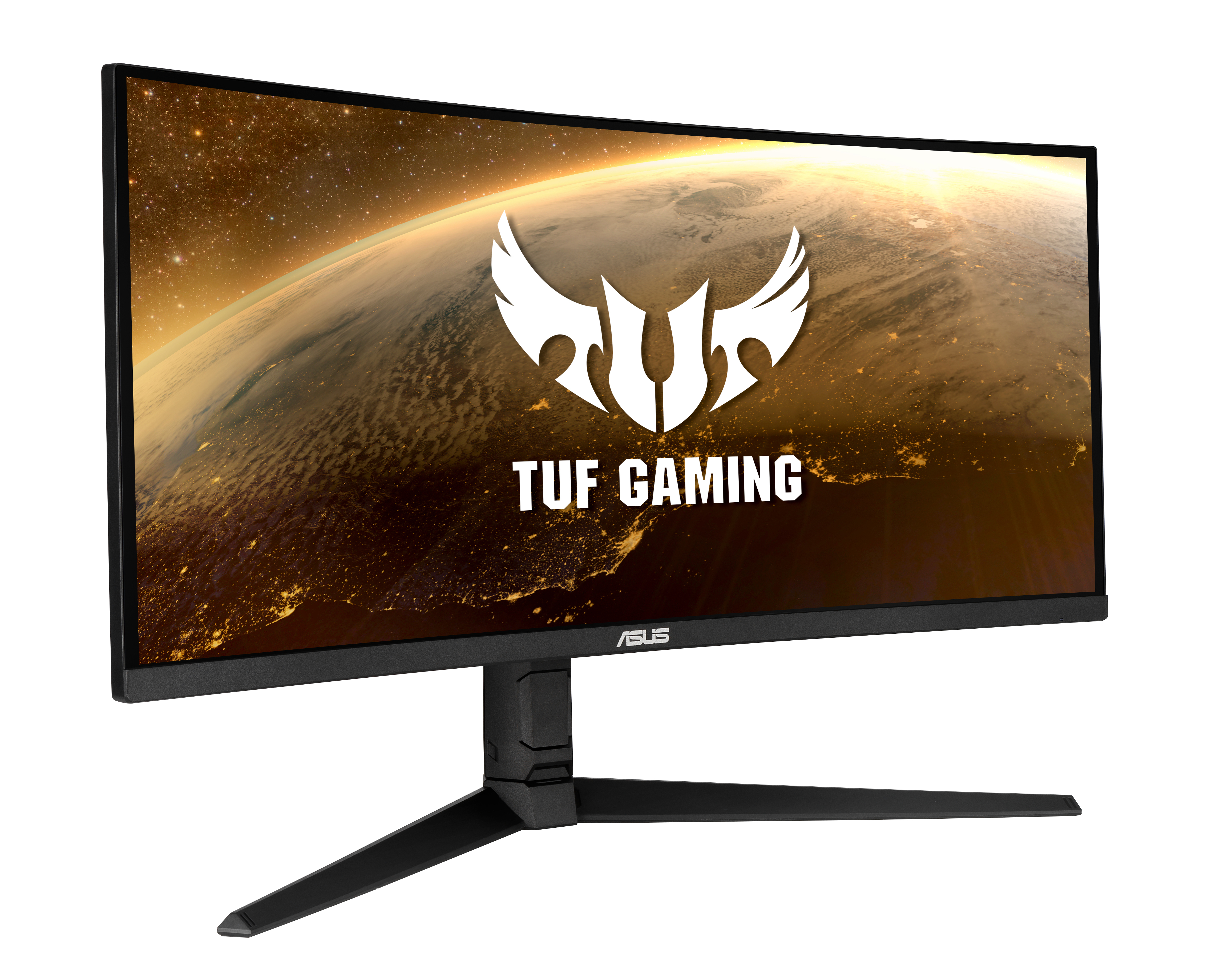 Ein gekrümmter Monitor mit TUF Gaming-Logo auf dem Display. Erd-Bild. Schwarzer Ständer. Weißer Hintergrund.