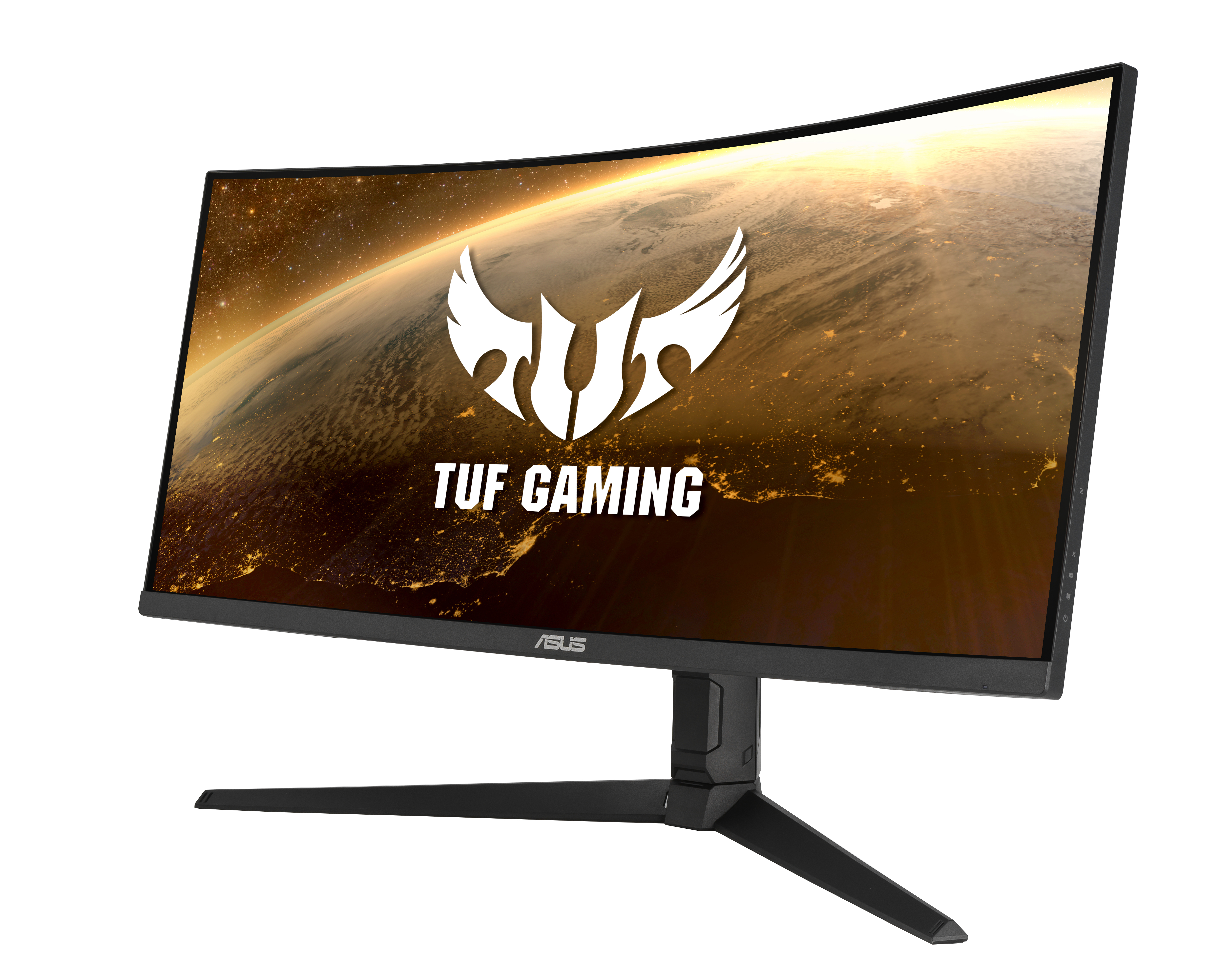 Ein gekrümmter Monitor mit TUF Gaming-Logo. Erd-Bild auf dem Display. Schwarzer Ständer. Weißer Hintergrund.