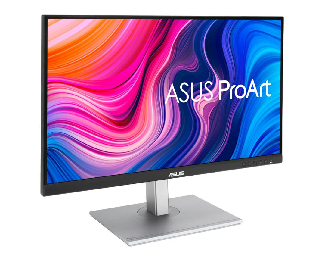 Asus ProArt Monitor mit farbenfrohem, abstraktem Bild. Silberner Ständer und Sockel, weißer Hintergrund.