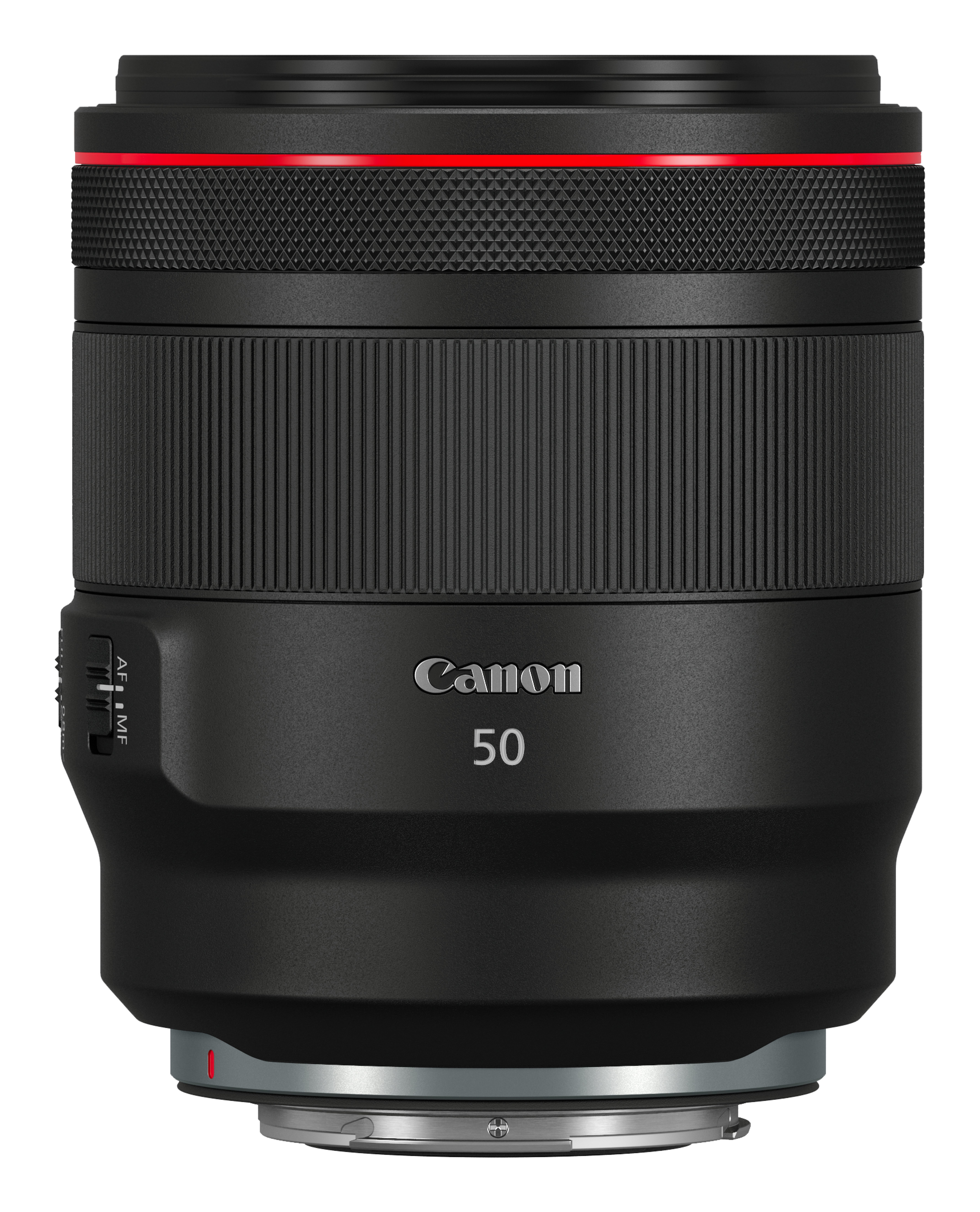 Canon 50mm Objektiv, schwarz mit rotem Ring. Canon und 50 darauf. Weißer Hintergrund.
