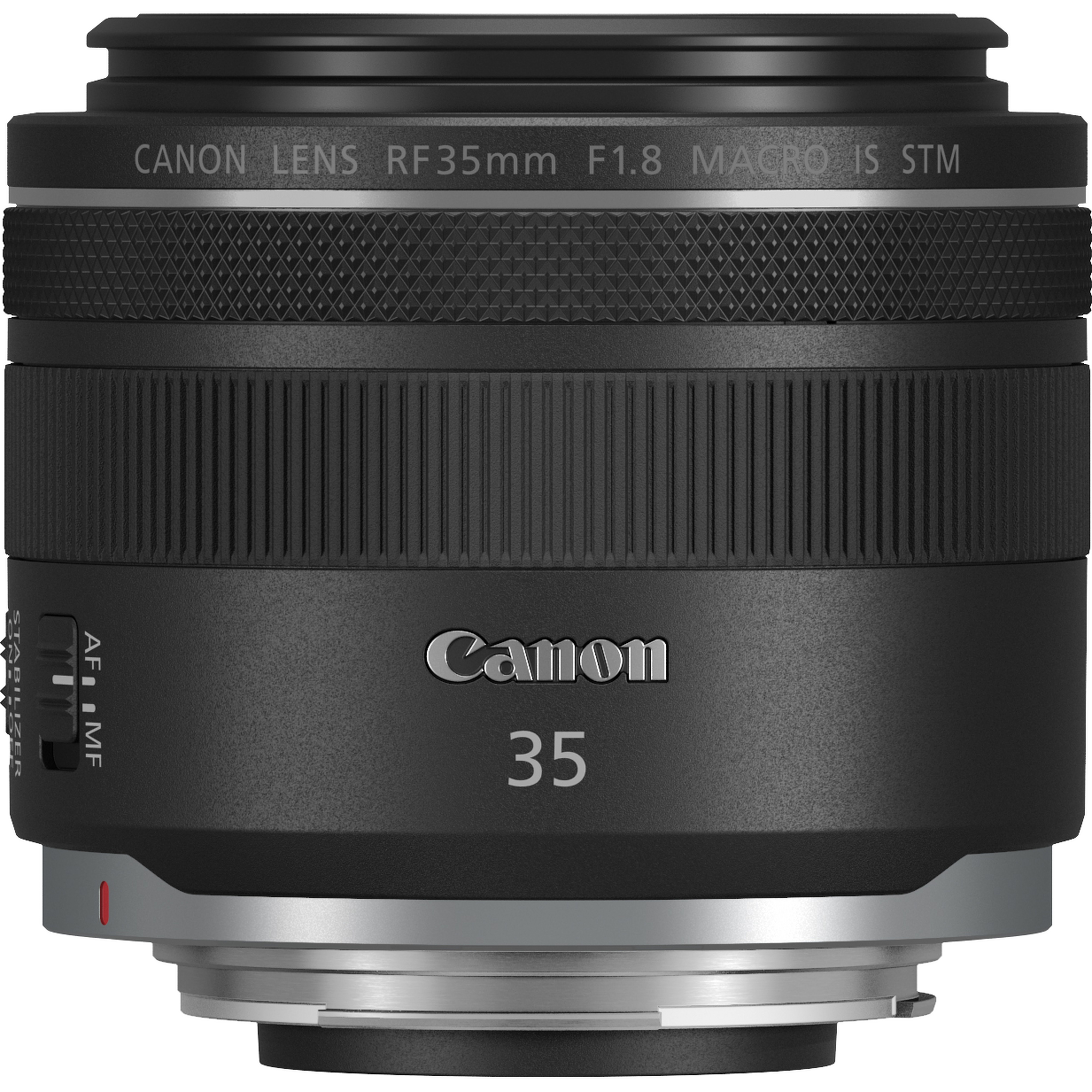 Canon 35mm Objektiv, schwarz. Canon und 35 darauf. Weißer Hintergrund.