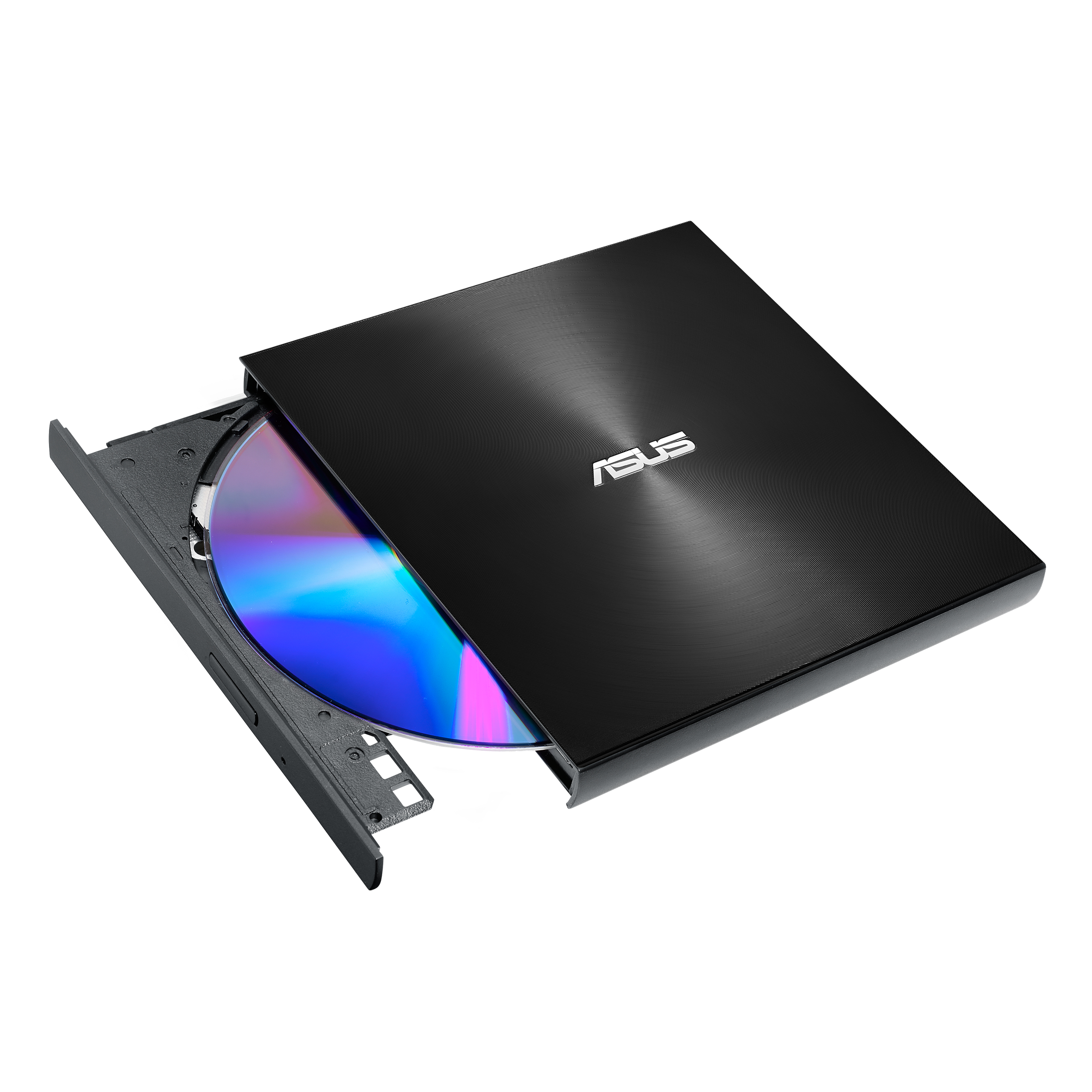 Schwarzes Asus DVD-Laufwerk mit geöffnetem Laufwerk, auf weißem Hintergrund.