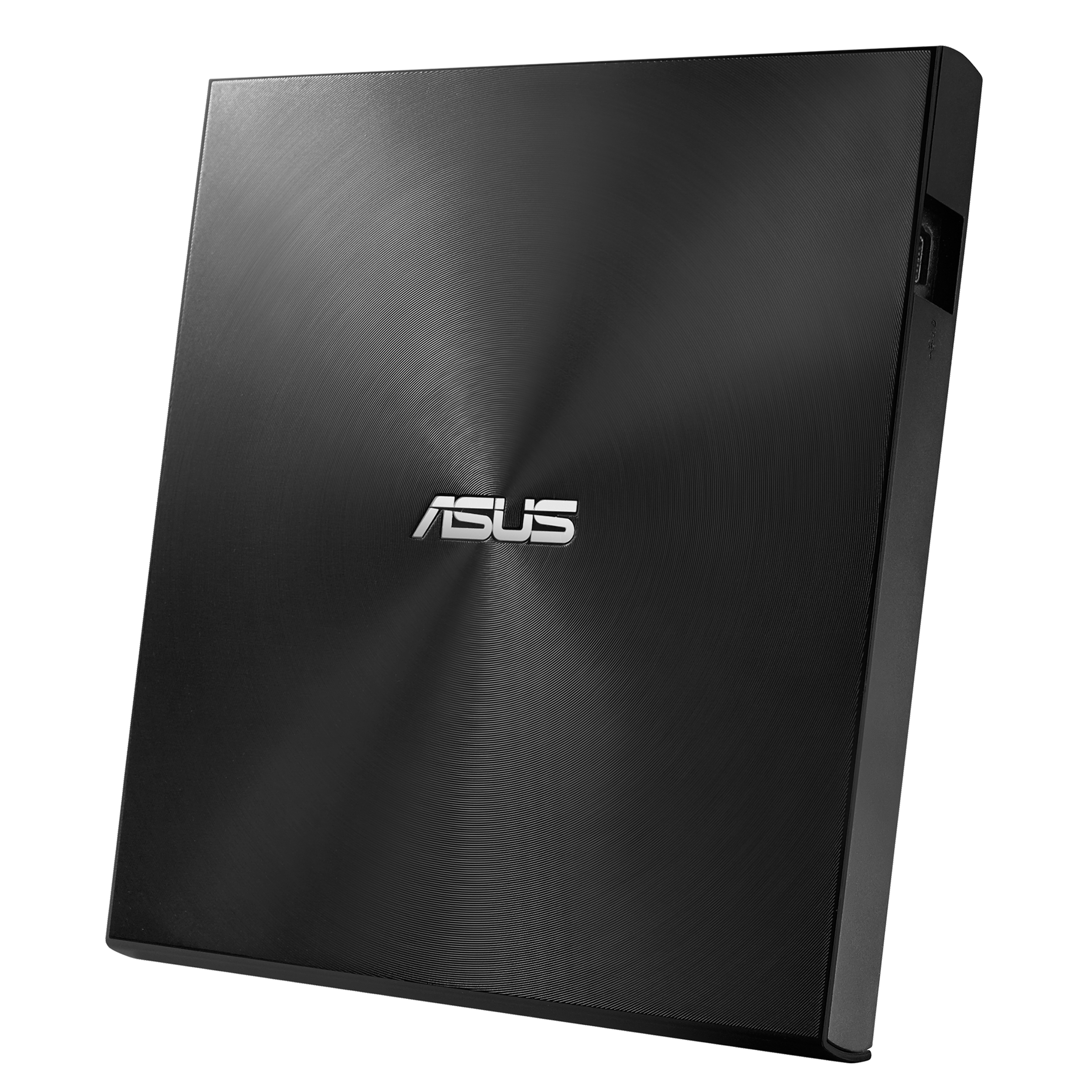 Schwarzes externes Asus-Laufwerk. Das Asus-Logo ist sichtbar. Weißer Hintergrund.