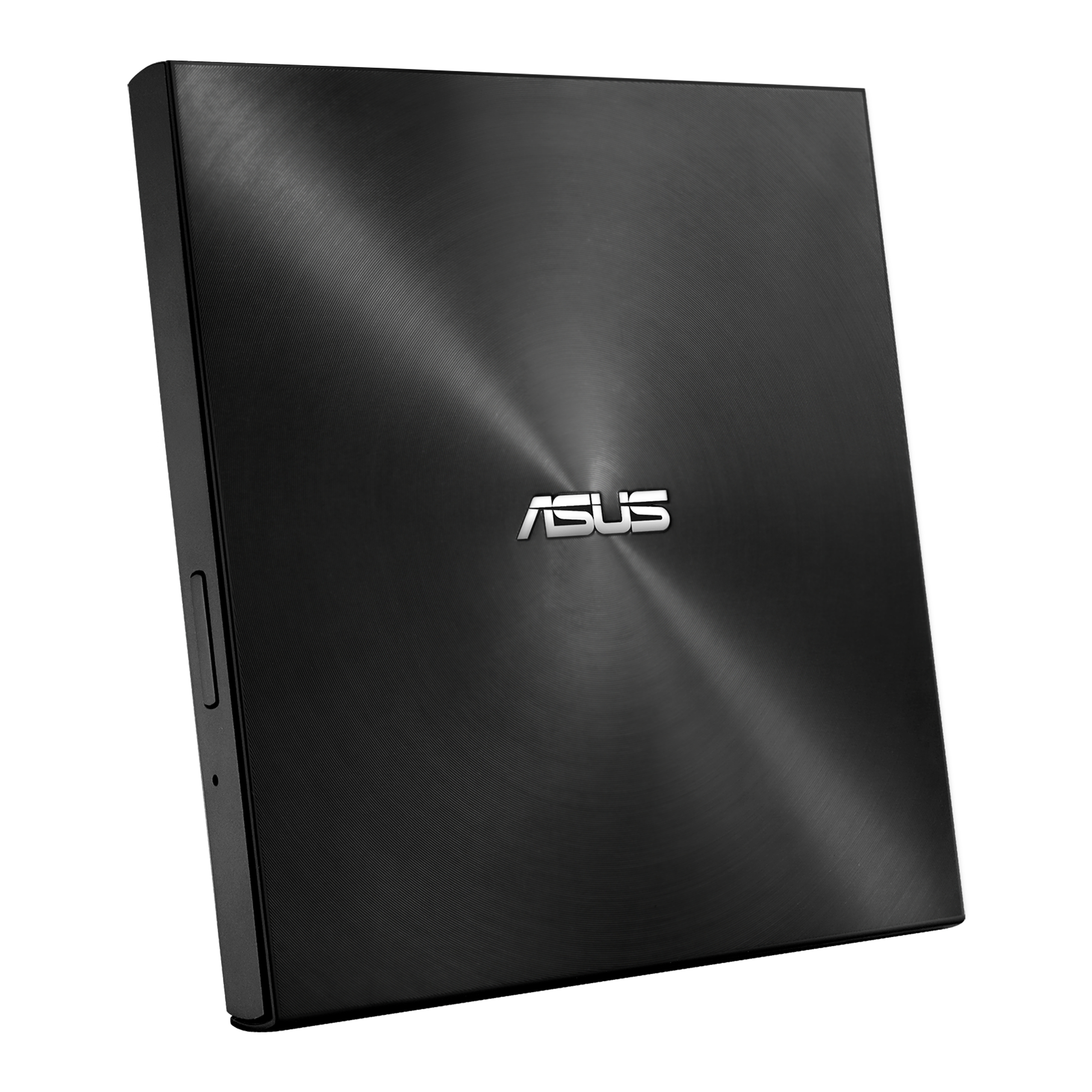 Ein schwarzes externes ASUS DVD-Laufwerk auf weißem Hintergrund.