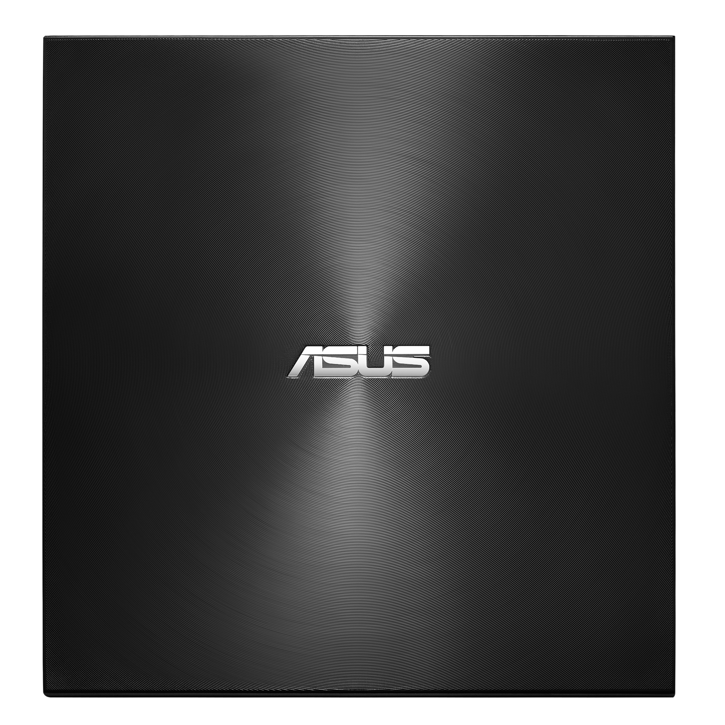 Schwarzer Laptopdeckel mit ASUS-Logo. Oberfläche mit konzentrischem Kreismuster. Weißer Hintergrund.