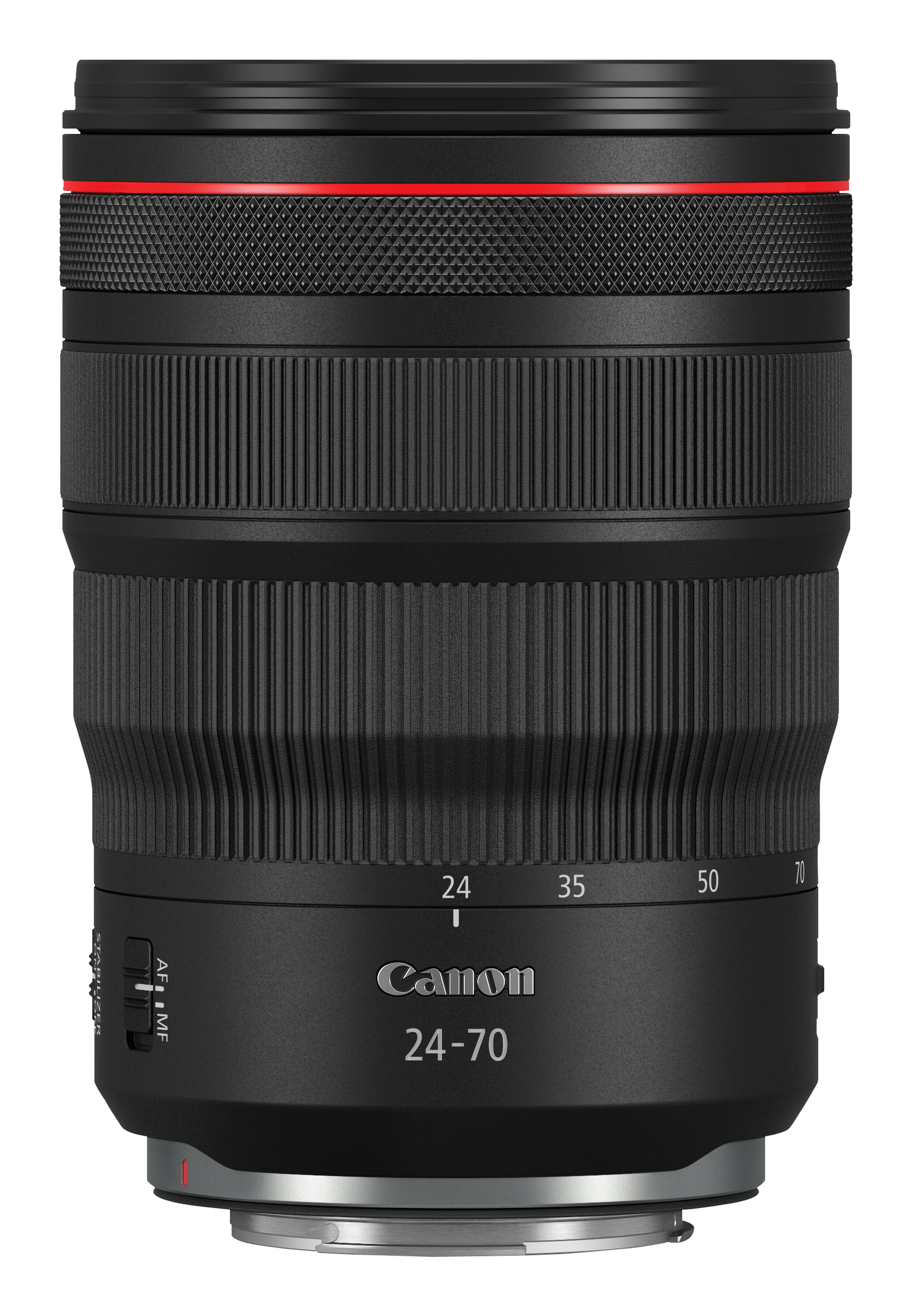 Schwarzes Canon-Objektiv mit rotem Ring. Canon und 24-70 gedruckt. Auf weißem Hintergrund isoliert.