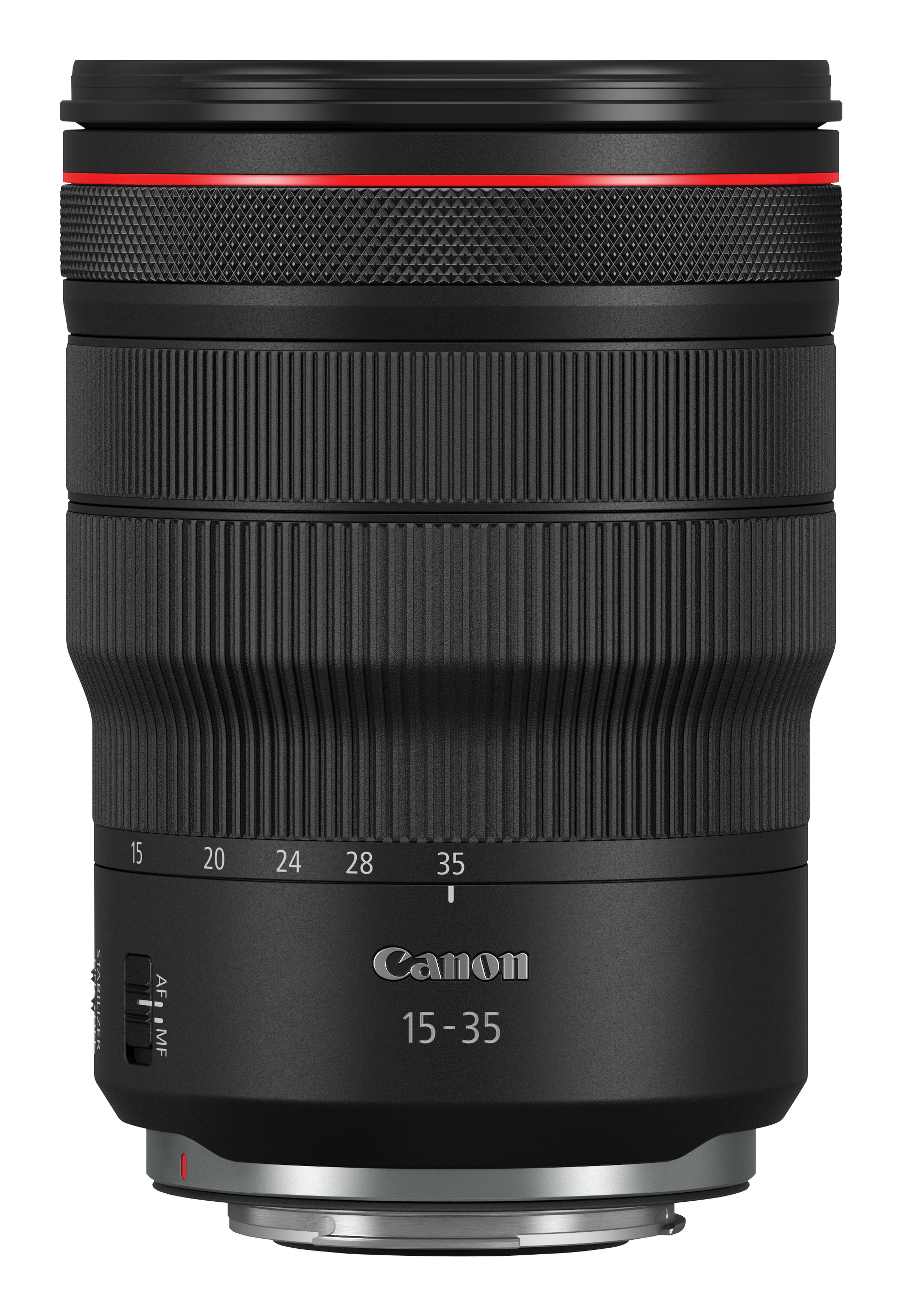 Ein schwarzes Canon 15-35mm Objektiv mit rotem Ring und Markierungen.