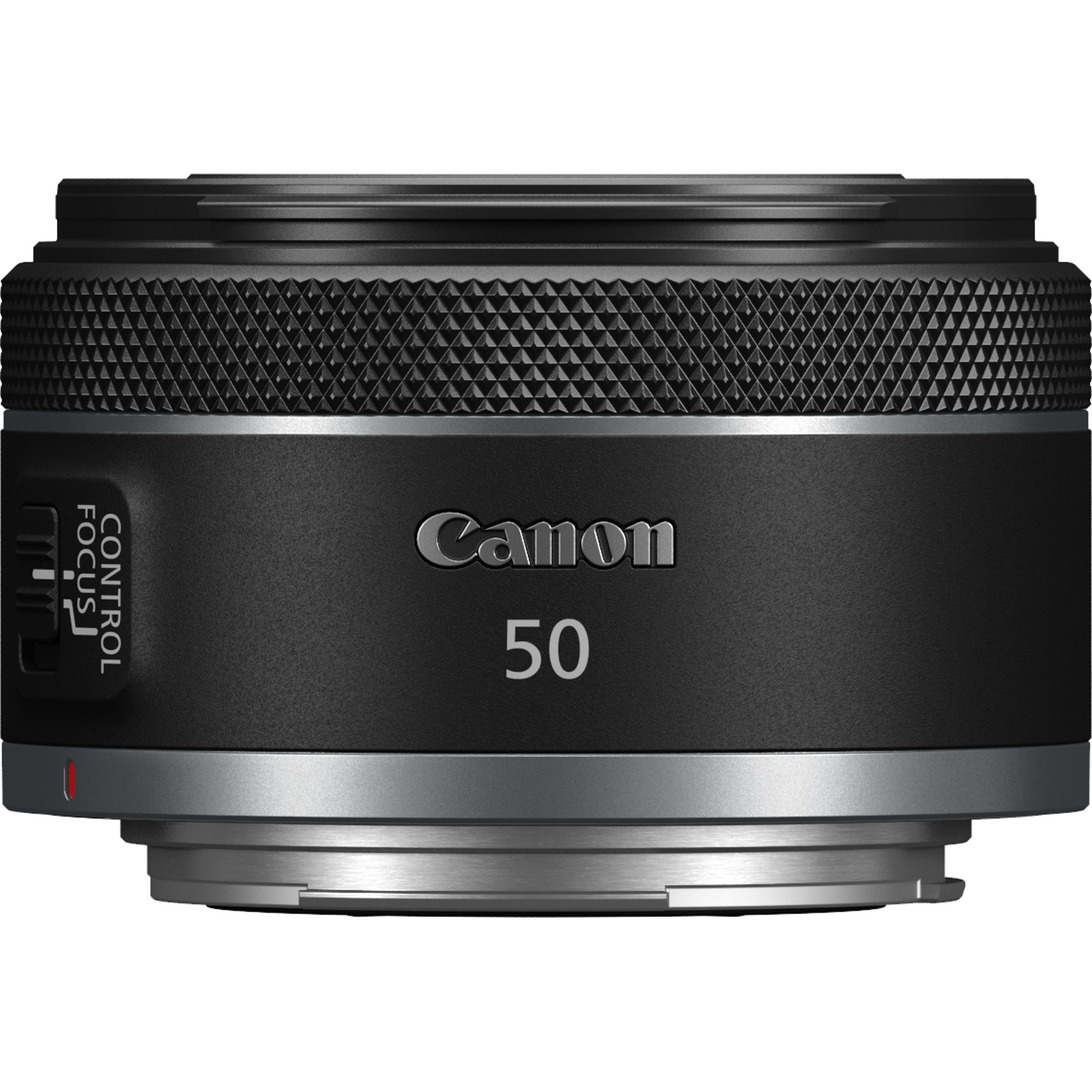 Schwarzes Canon 50mm Objektiv mit Steuerungs- und Fokussierrädern, auf Weiß.