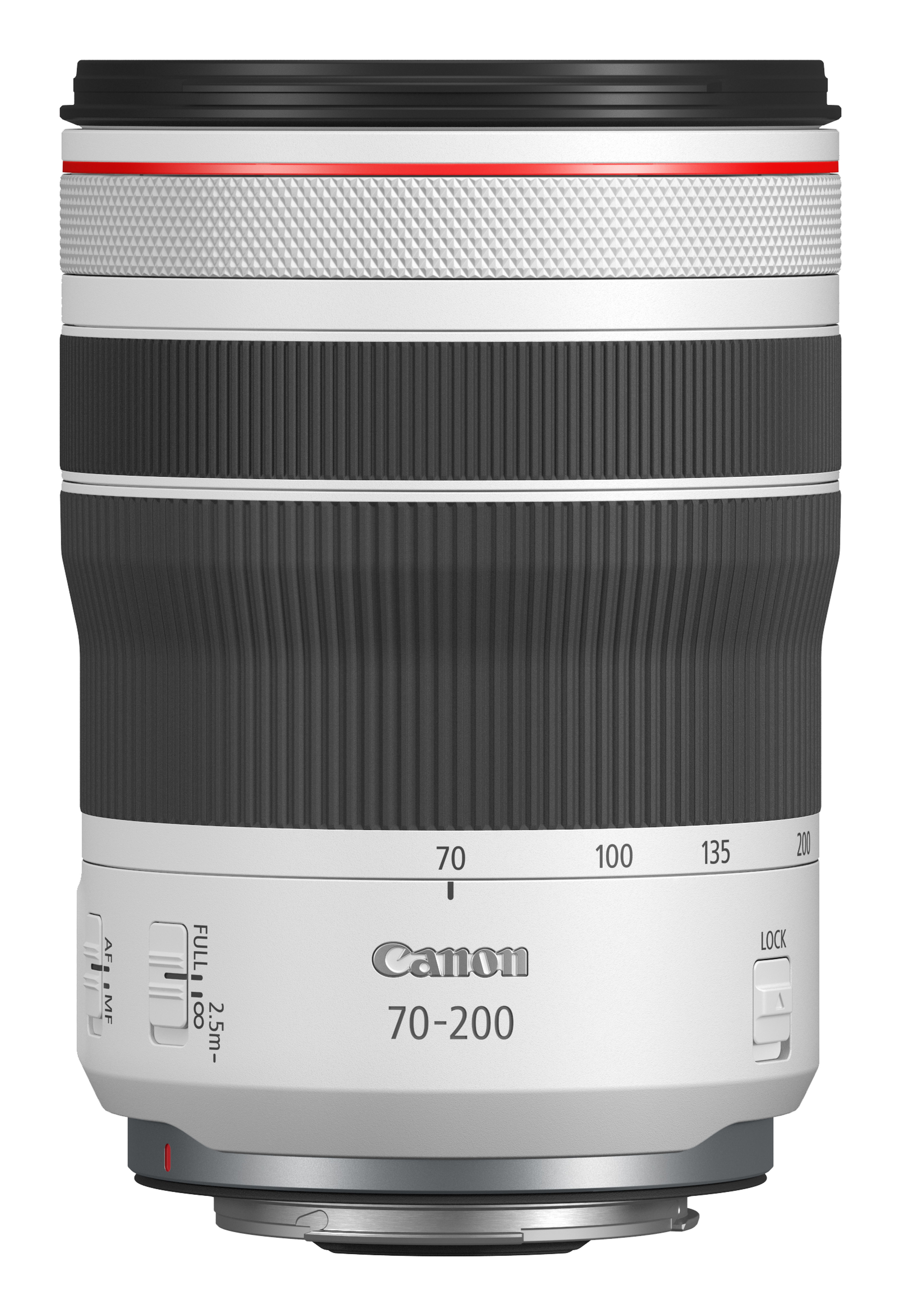 Weißes und schwarzes Canon 70-200mm Objektiv mit Steuerrädern, auf Weiß.