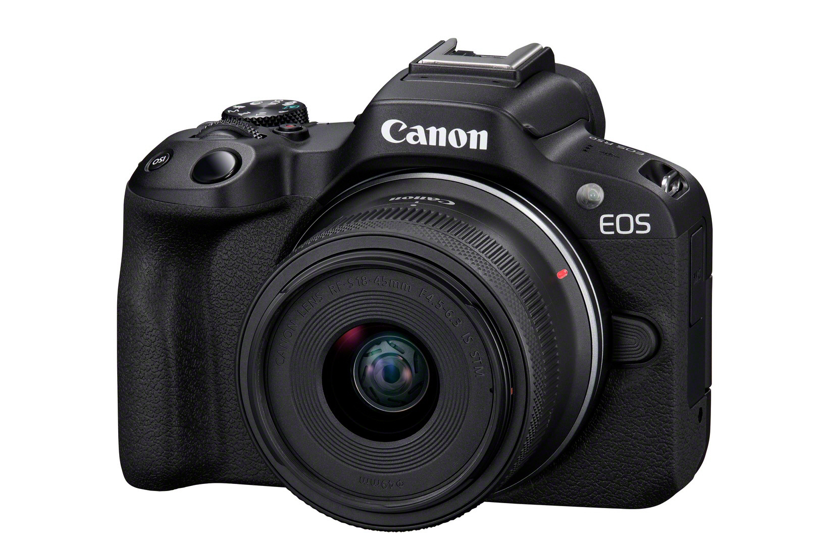 Eine schwarze Canon EOS Kamera mit Objektiv, von vorne gesehen, isoliert auf Weiß.