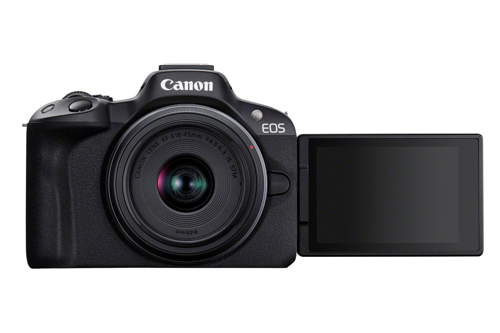 Canon EOS Kamera mit Objektiv und geöffnetem Bildschirm auf weißem Hintergrund.