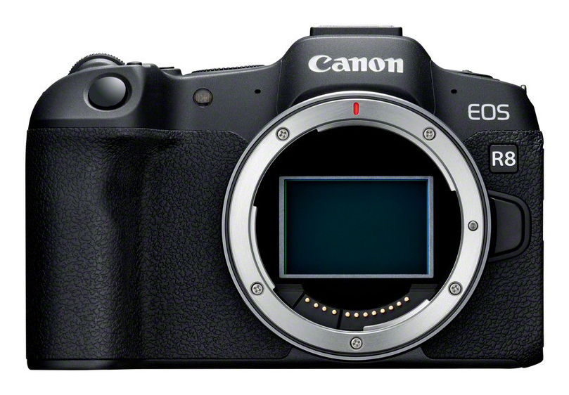 Schwarze Canon EOS R8 Kamera, Vorderansicht.
