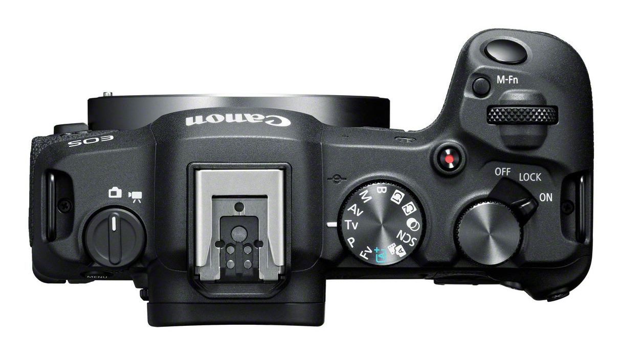 Draufsicht auf eine Canon EOS Kamera, die Bedienelemente und das Canon-Branding zeigt.