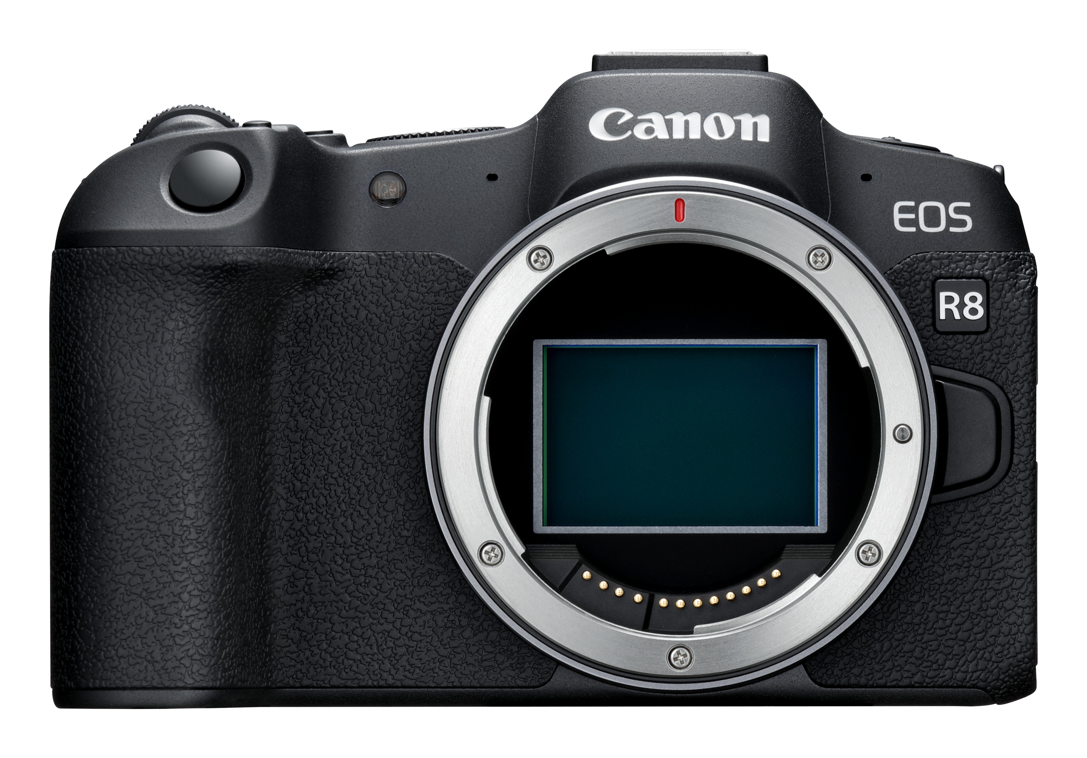 Vorderansicht einer schwarzen Canon-Kamera, die das Objektiv und die EOS R8 zeigt.