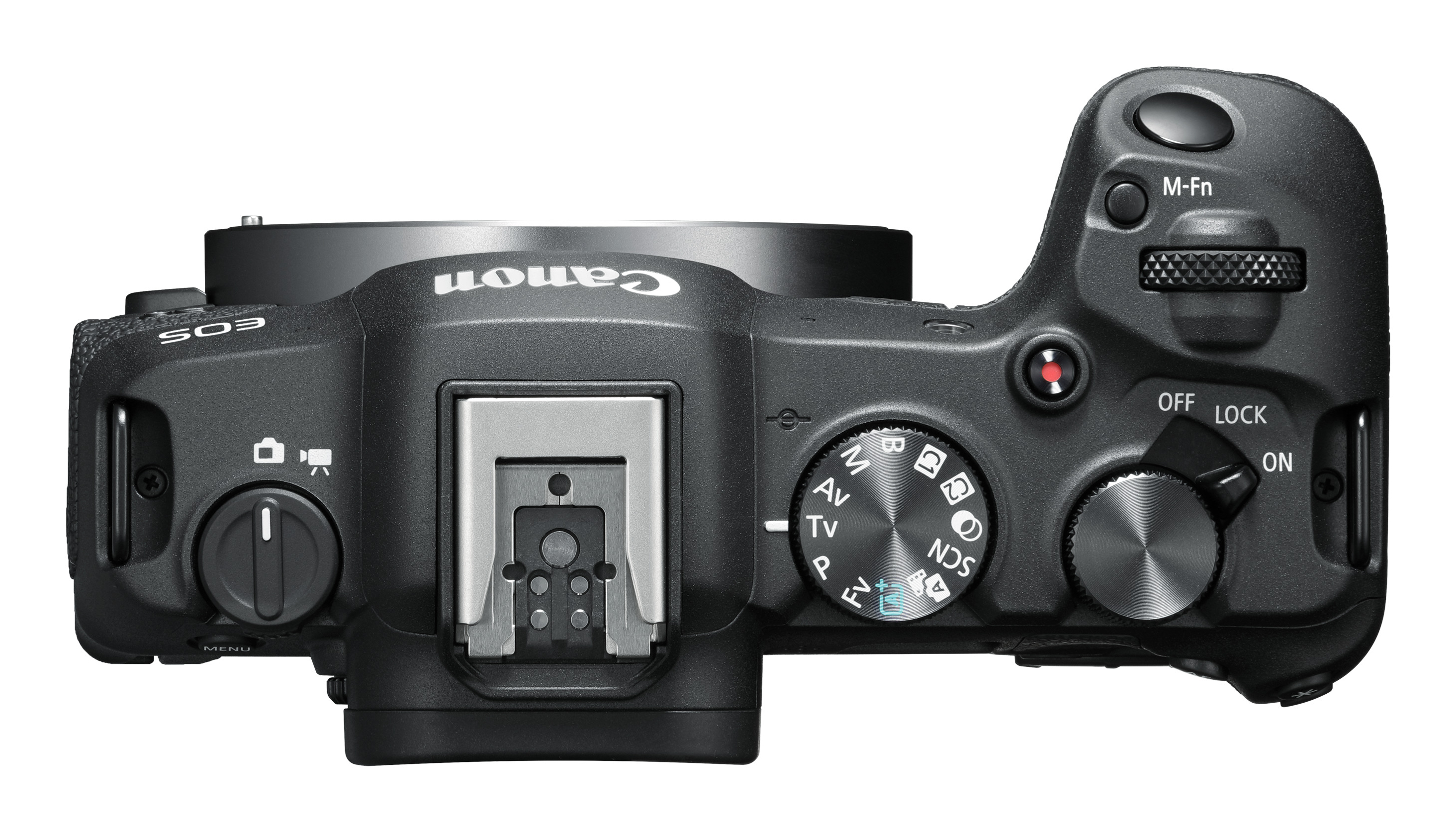 Canon EOS R8 Kamera, Draufsicht, schwarz.