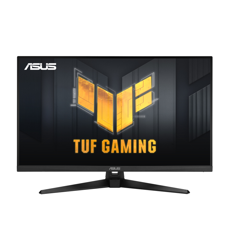 Schwarzer Monitor mit 'TUF GAMING' mit goldenen Akzenten. ASUS-Logo oben. Schwarzer Hintergrund.