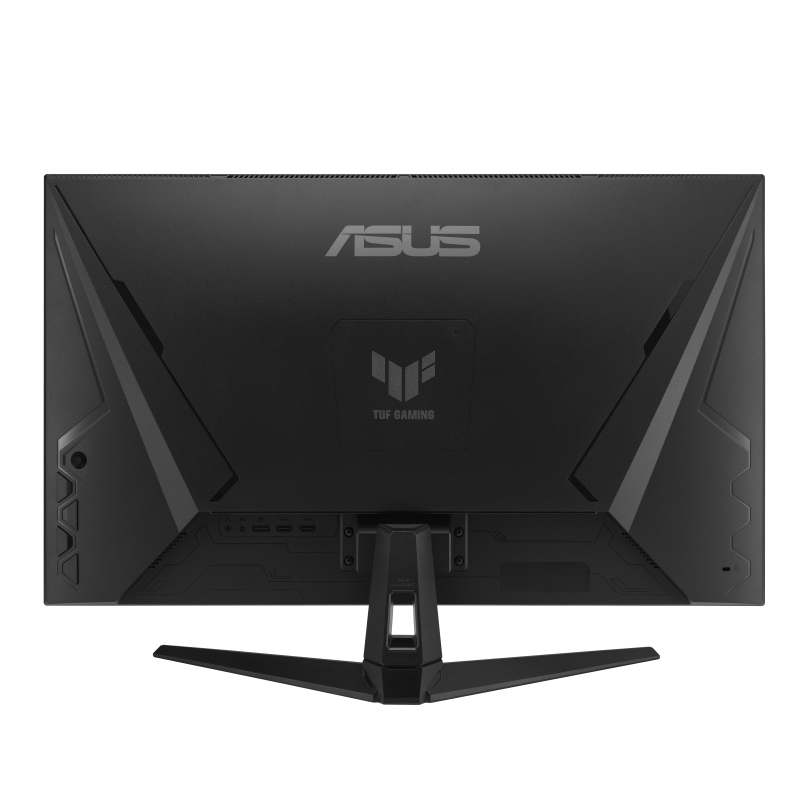 Schwarzer Monitorrücken, ASUS, TUF GAMING Logo. Isoliert auf weißem Hintergrund.